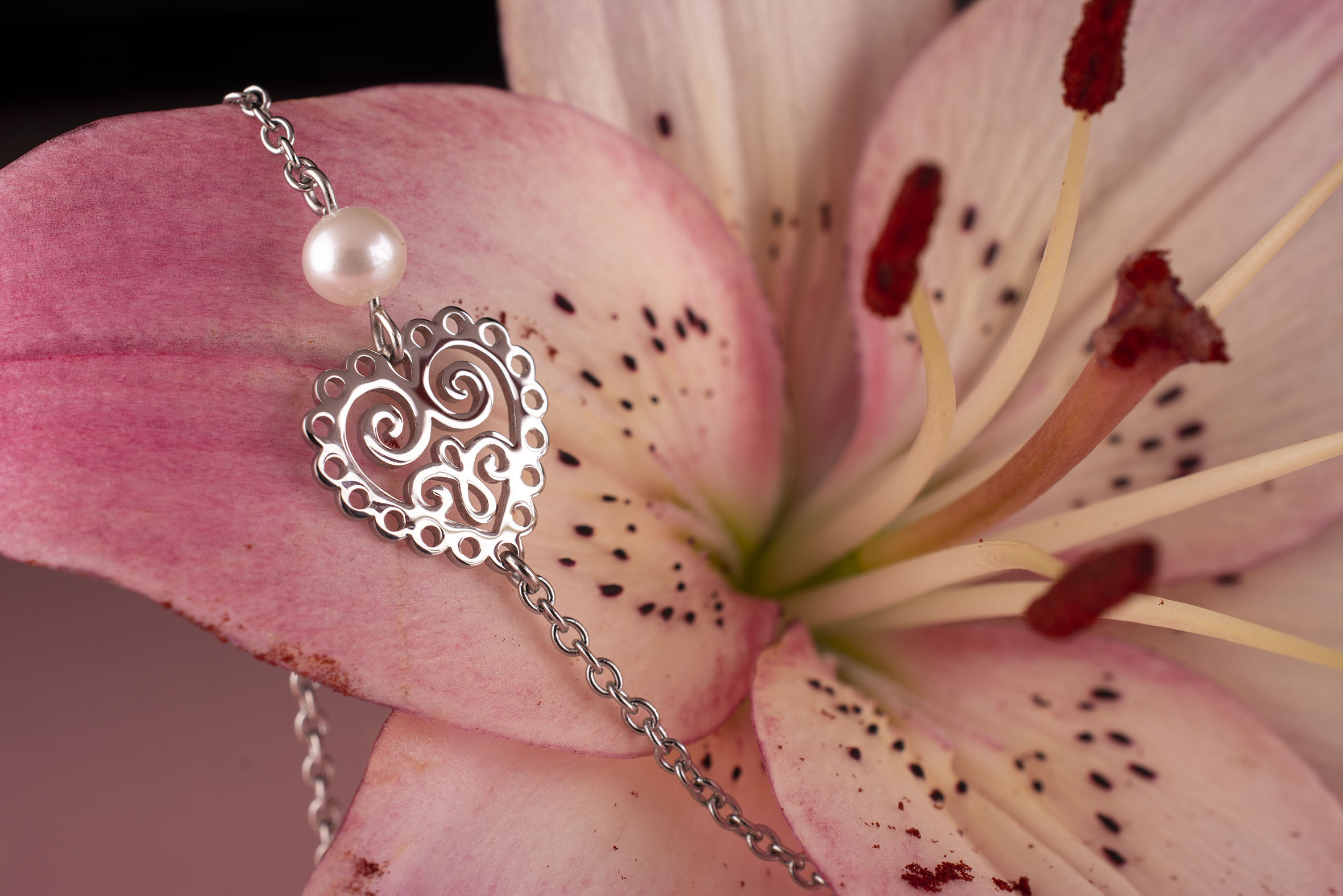 Náramok srdce ornament mini 1 – retiazka + perla