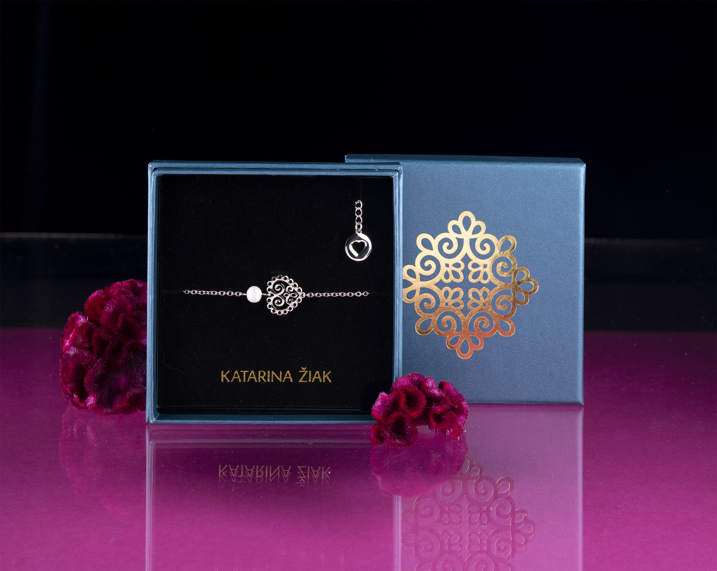 Náramok srdce ornament mini 1 – retiazka + perla