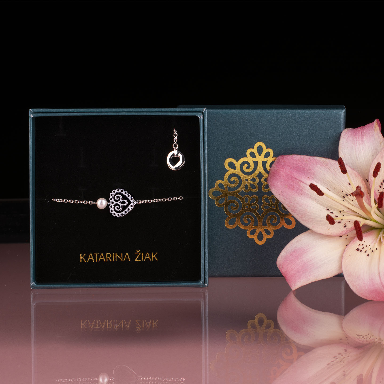 Náramok srdce mini 1 – retiazka + perla