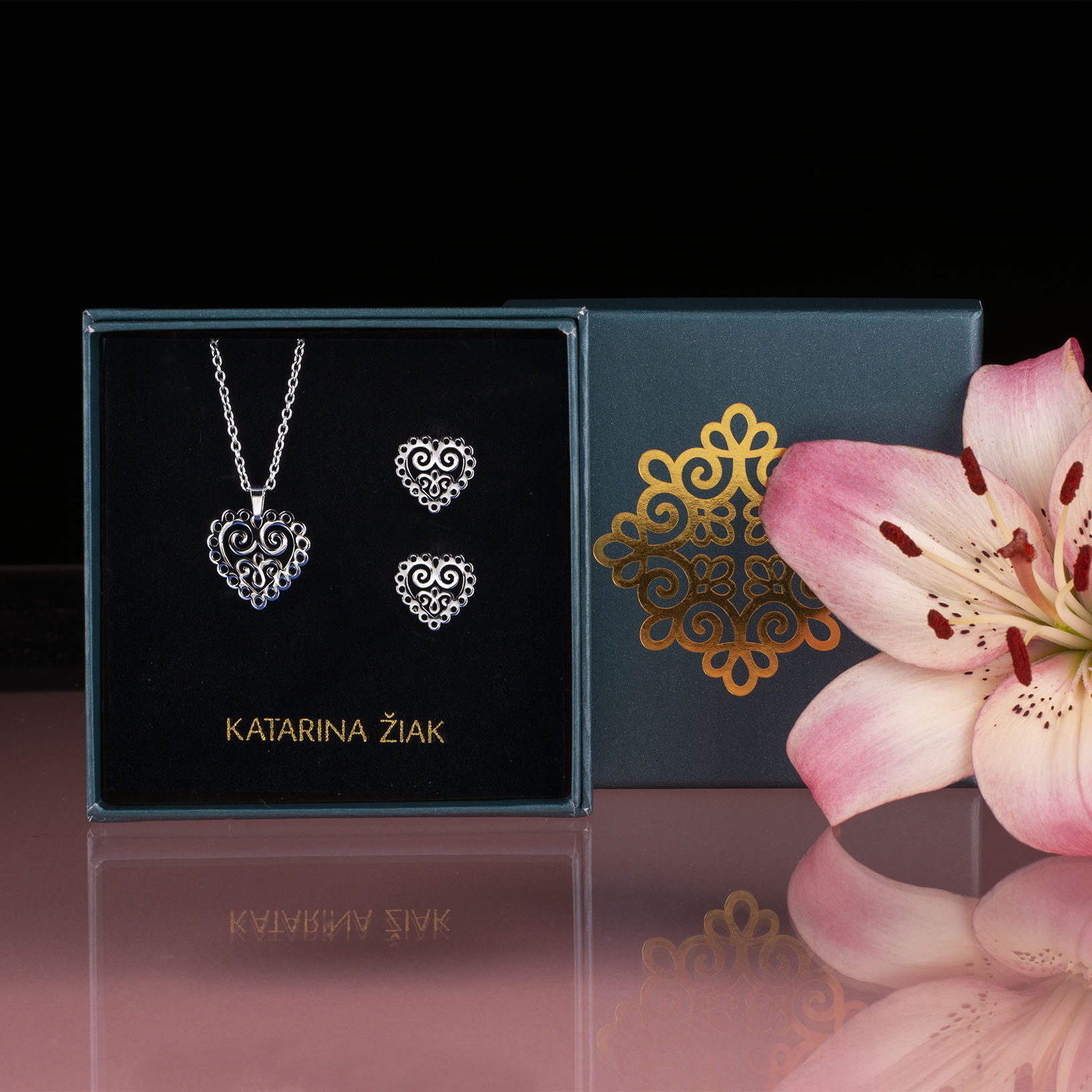 Set napichovacie náušnice + prívesok srdce ornament mini 1