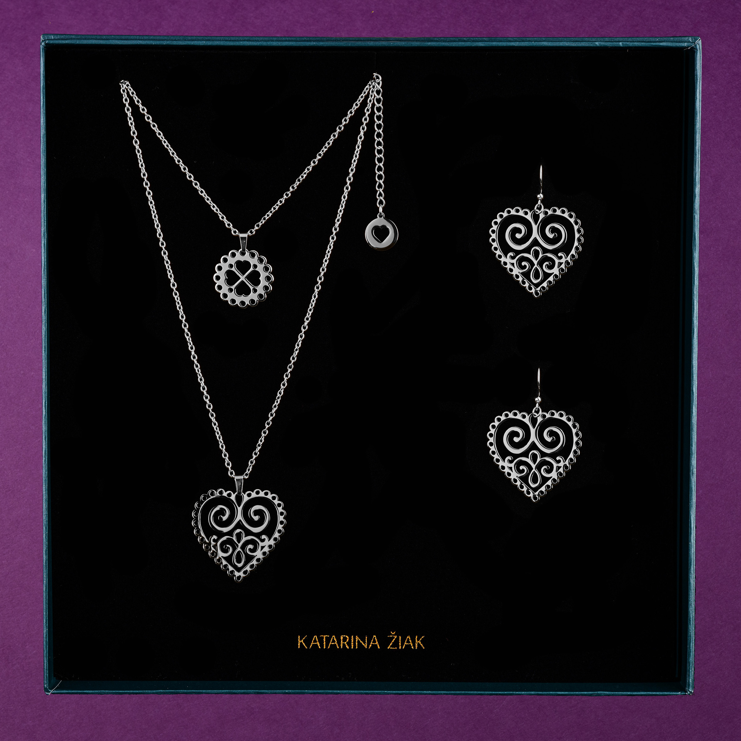 Set dvojradový náhrdelník + náušnice ornamentové srdcia