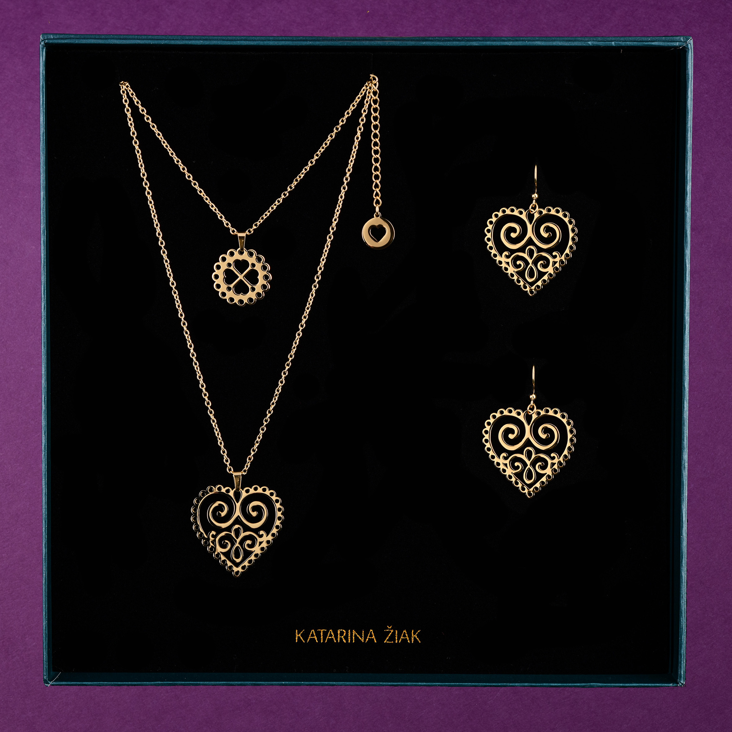 Set dvojradový náhrdelník + náušnice ornamentové srdcia