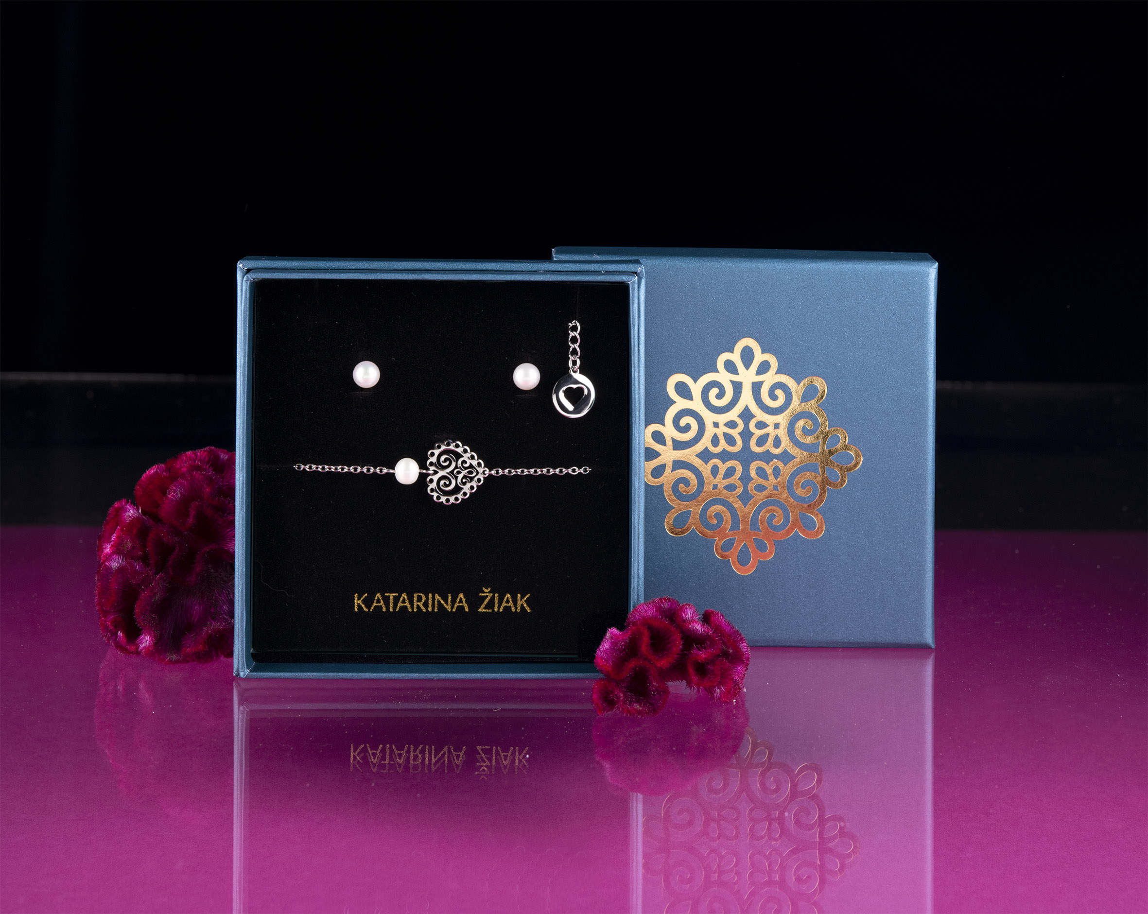 Set - náramok srdce ornament mini 1 – retiazka + napichovačky perly