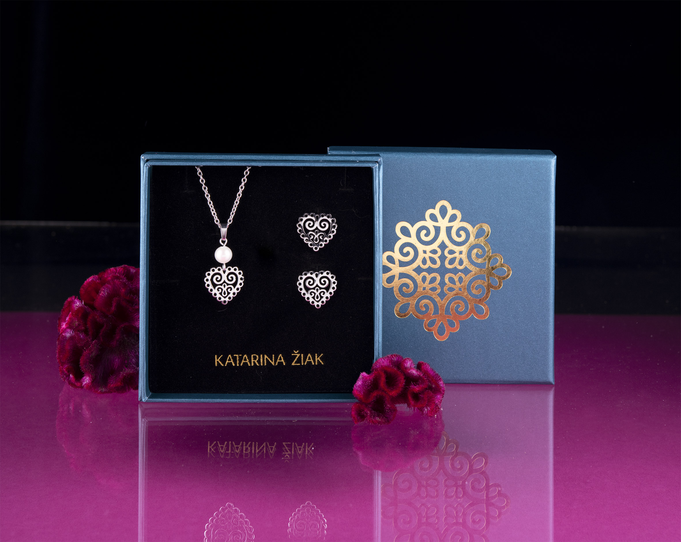 Set - prívesok a napichovacie náušnice srdce ornament mini 1-perla