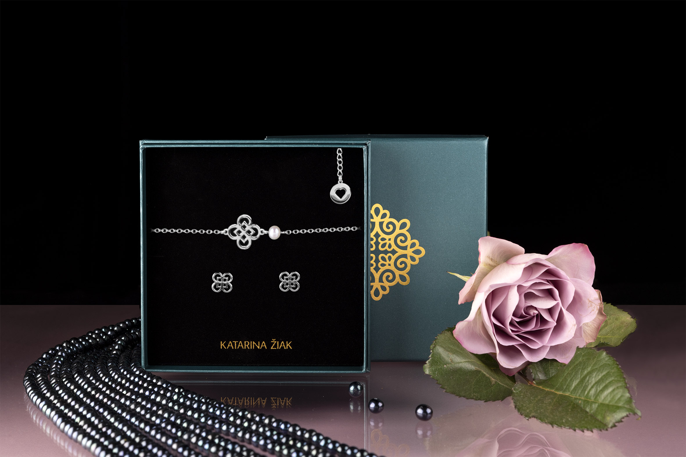 Set drotársky štvorlístok 1  - náramok s perlou + náušnice