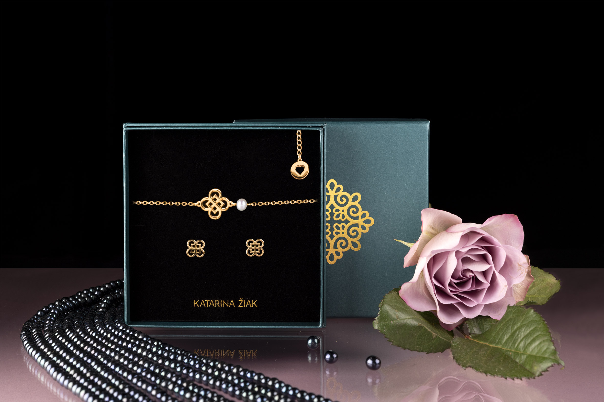 Set drotársky štvorlístok 1  - náramok s perlou + náušnice