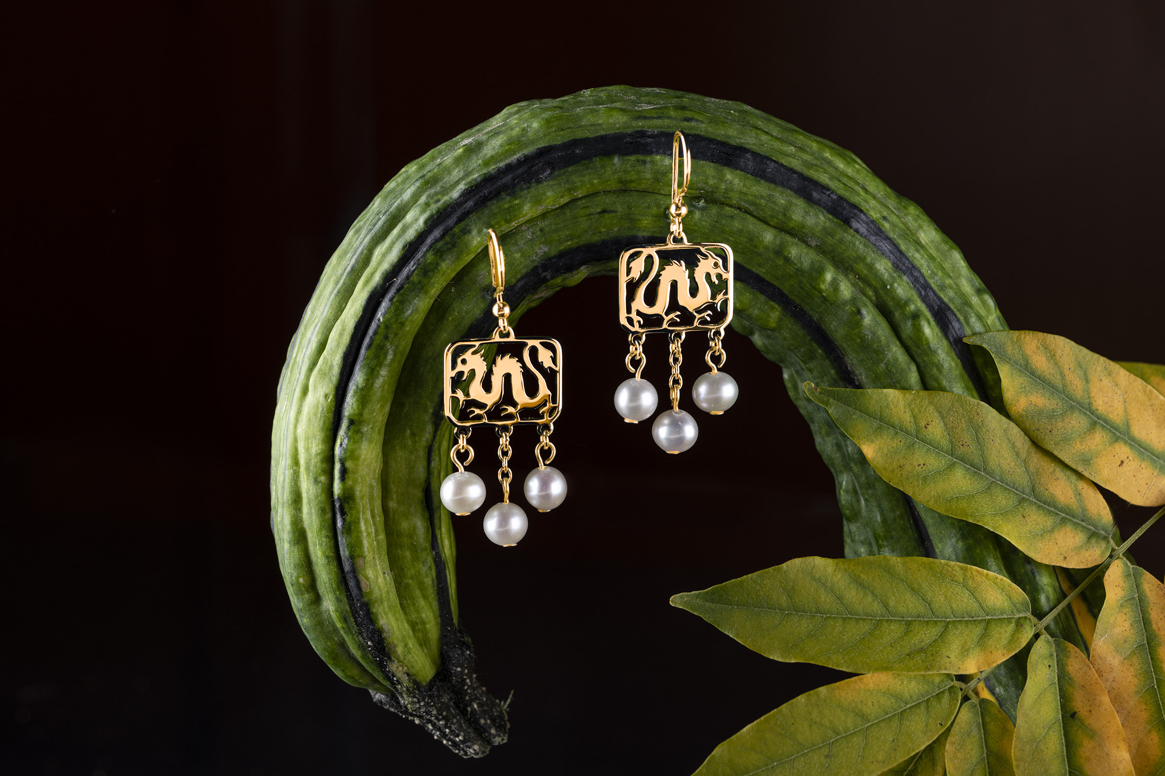 Náušnice drak + 3 perly