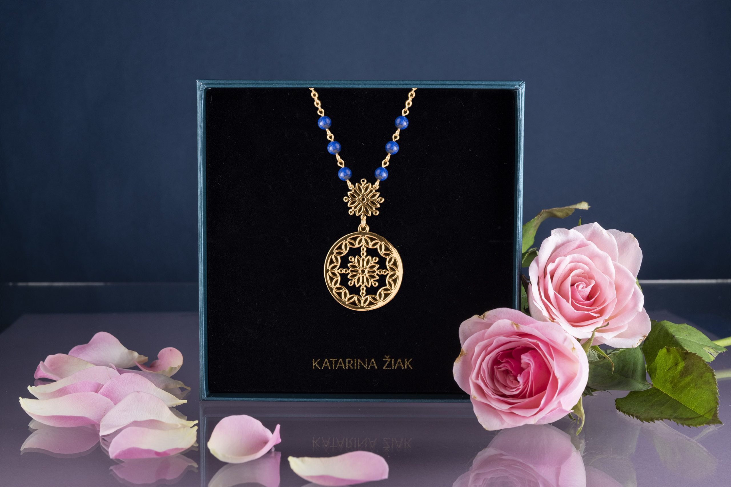 Náhrdelník modrotlač kruh ornament  - s modrým lapisom