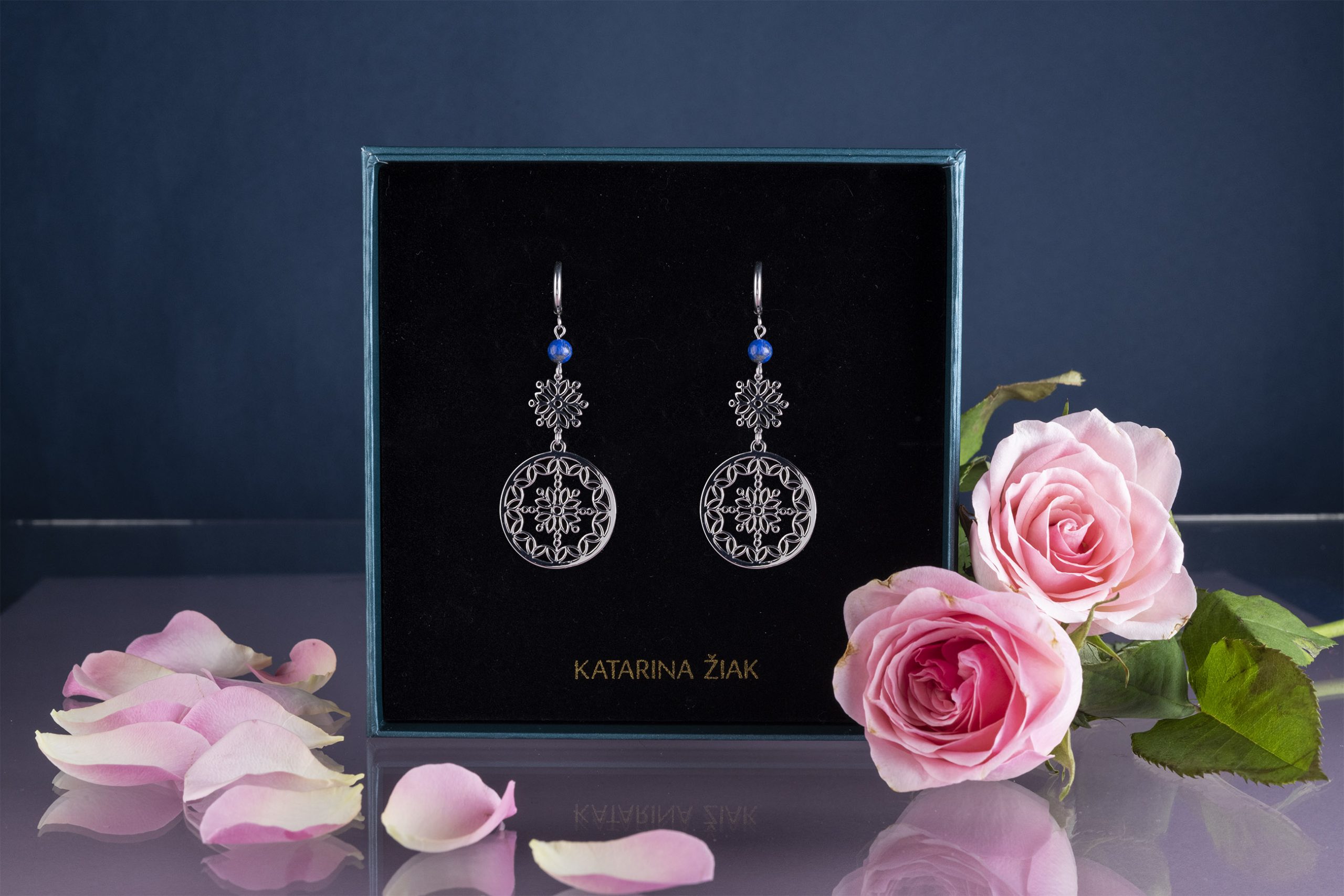 Náušnice modrotlač kruh ornament  - skladané + lapis