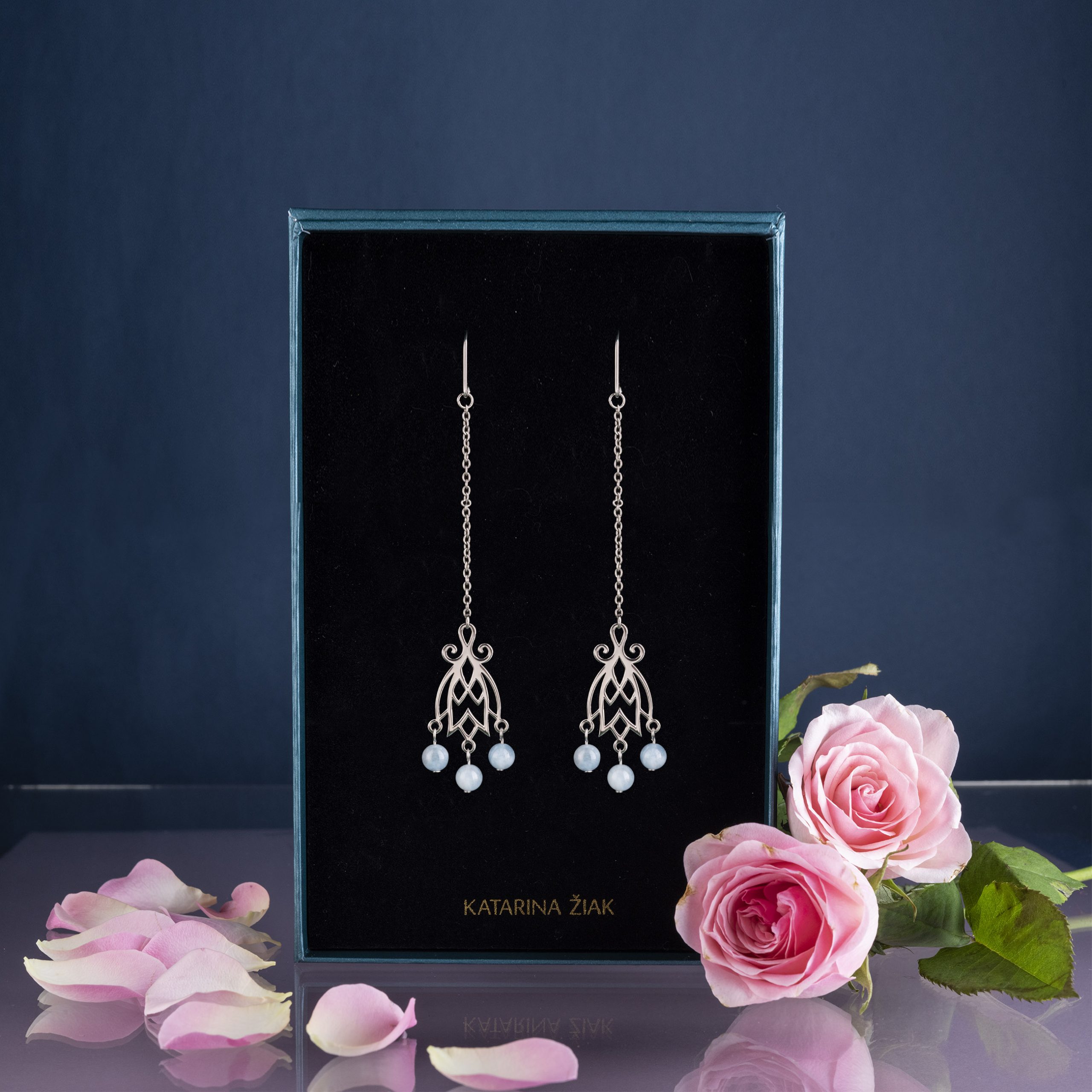 Náušnice modrotlač zvonček + akvamarín - dlhé