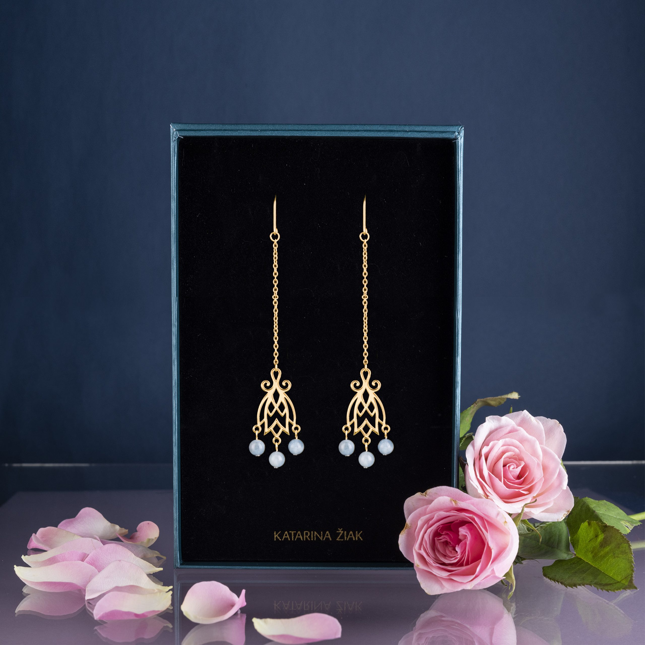 Náušnice modrotlač zvonček + akvamarín - dlhé