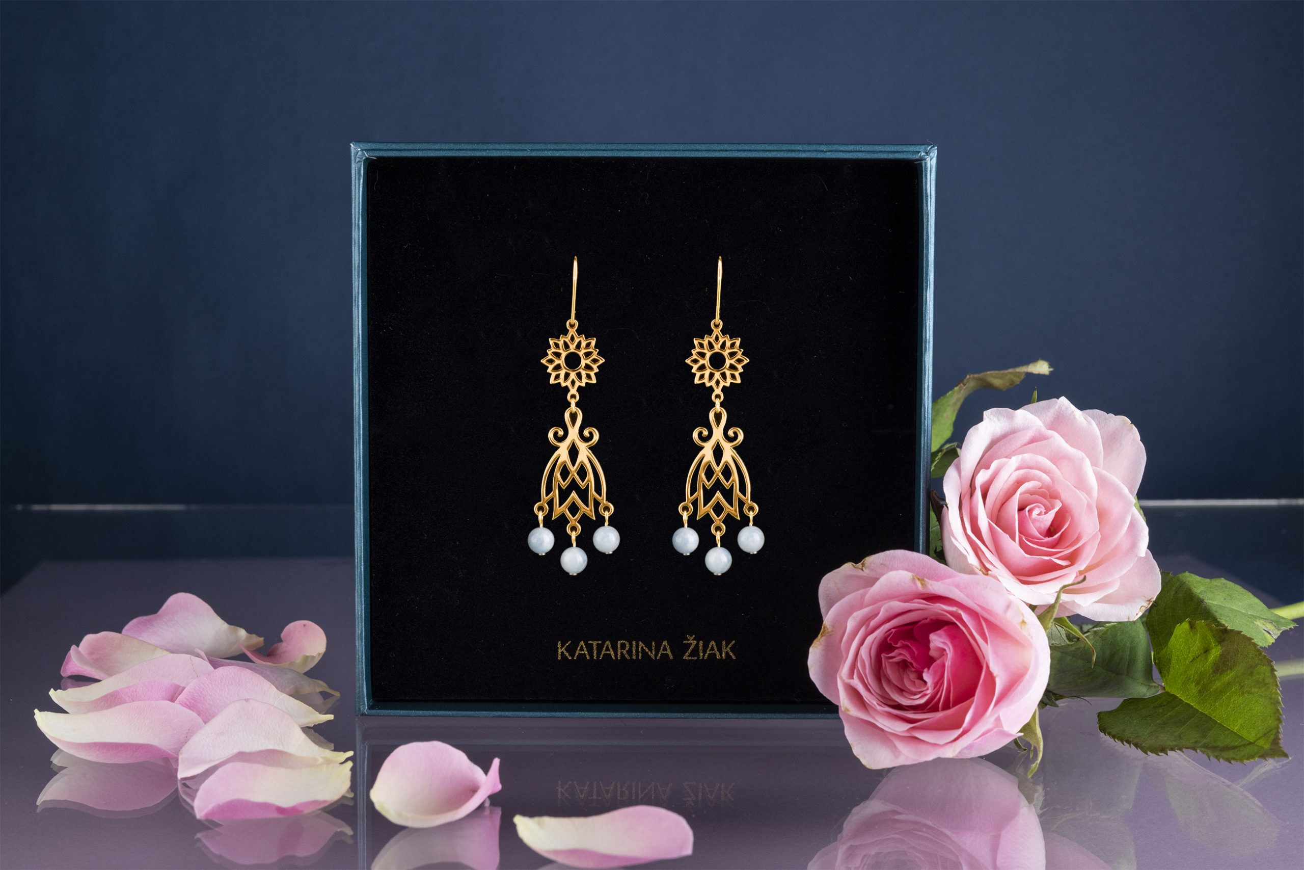 Náušnice modrotlač zvonček + akvamarín + slnečnica