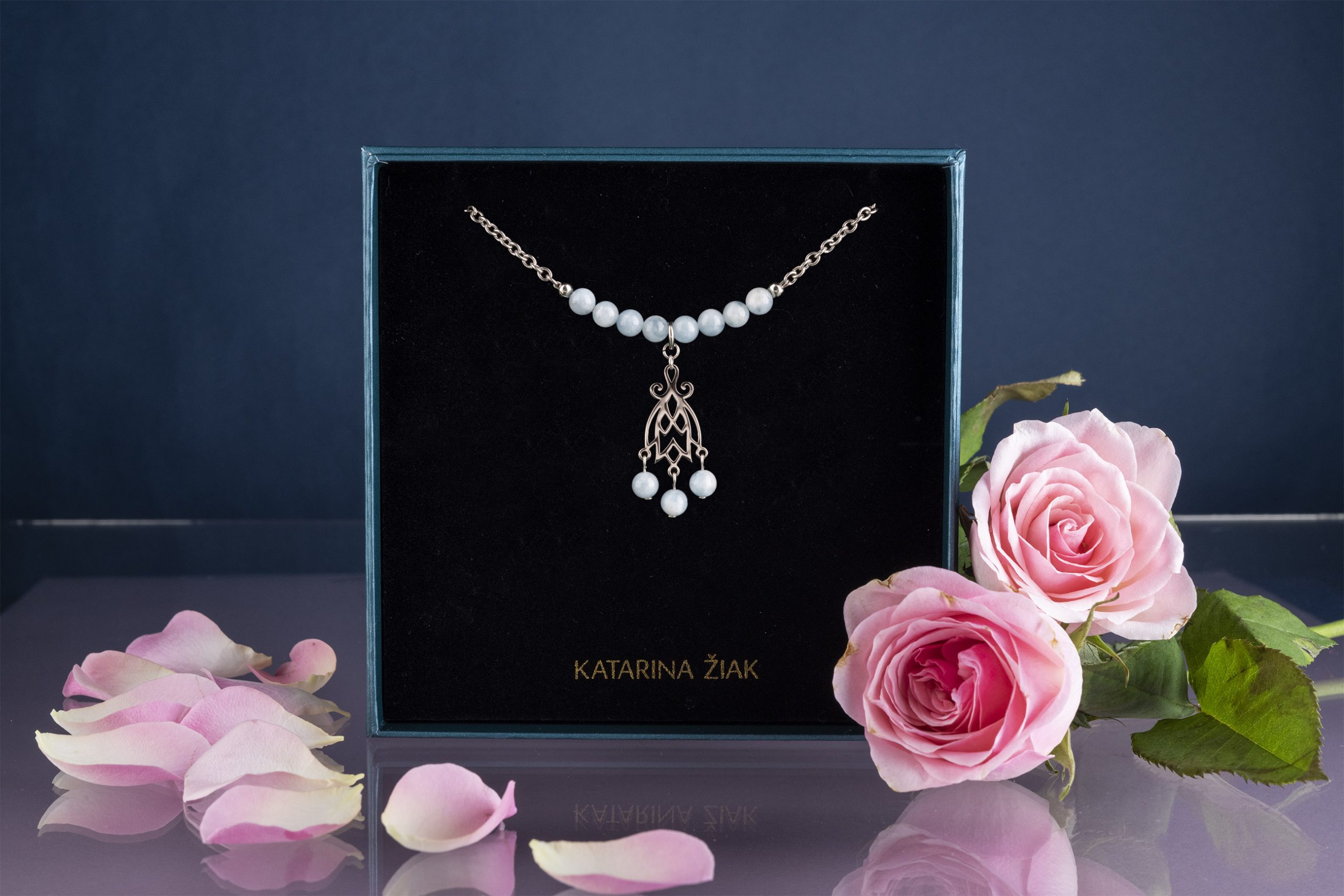 Náhrdelník modrotlač zvonček + akvamarín