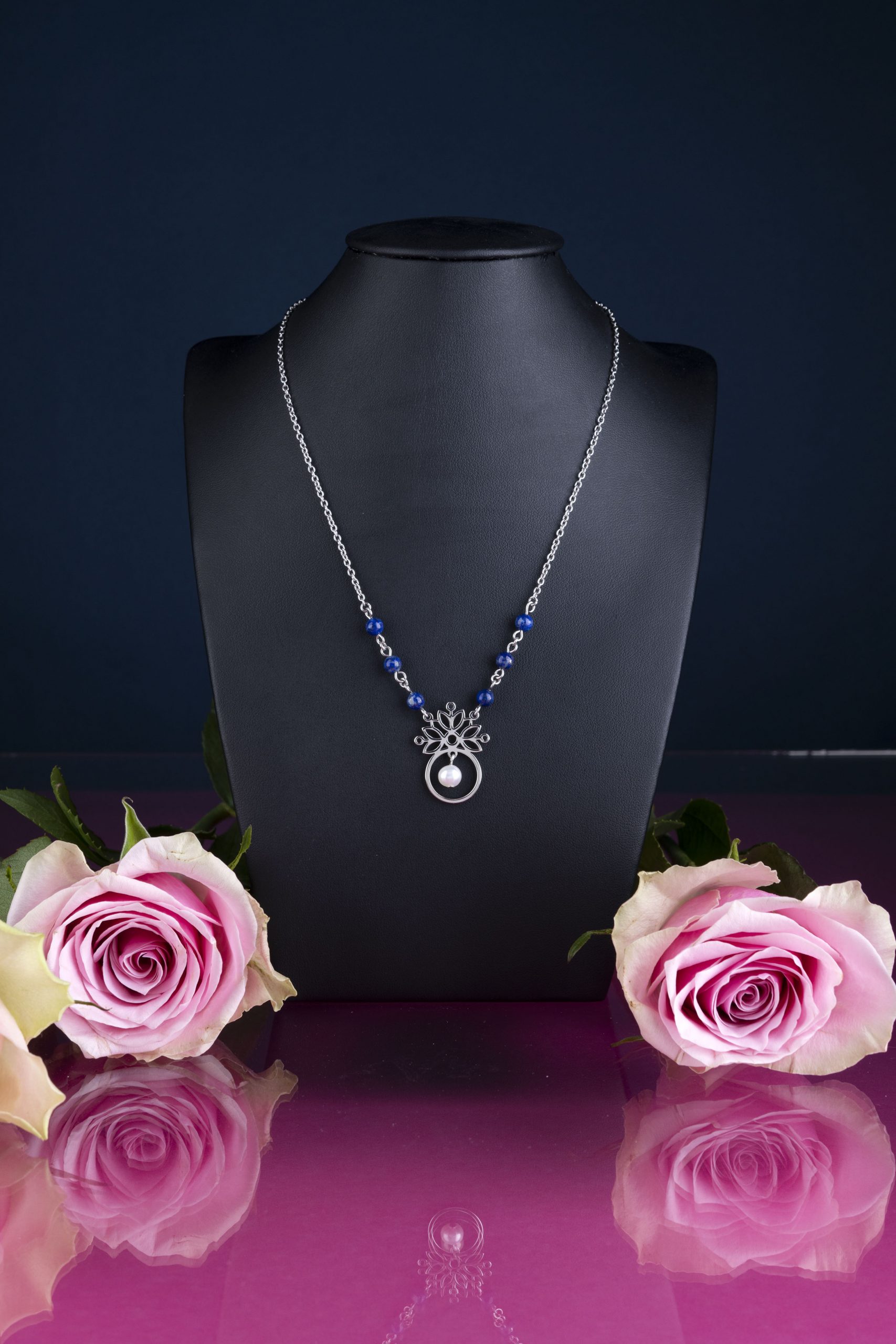 Náhrdelník modrotlač hviezda kruh + perly