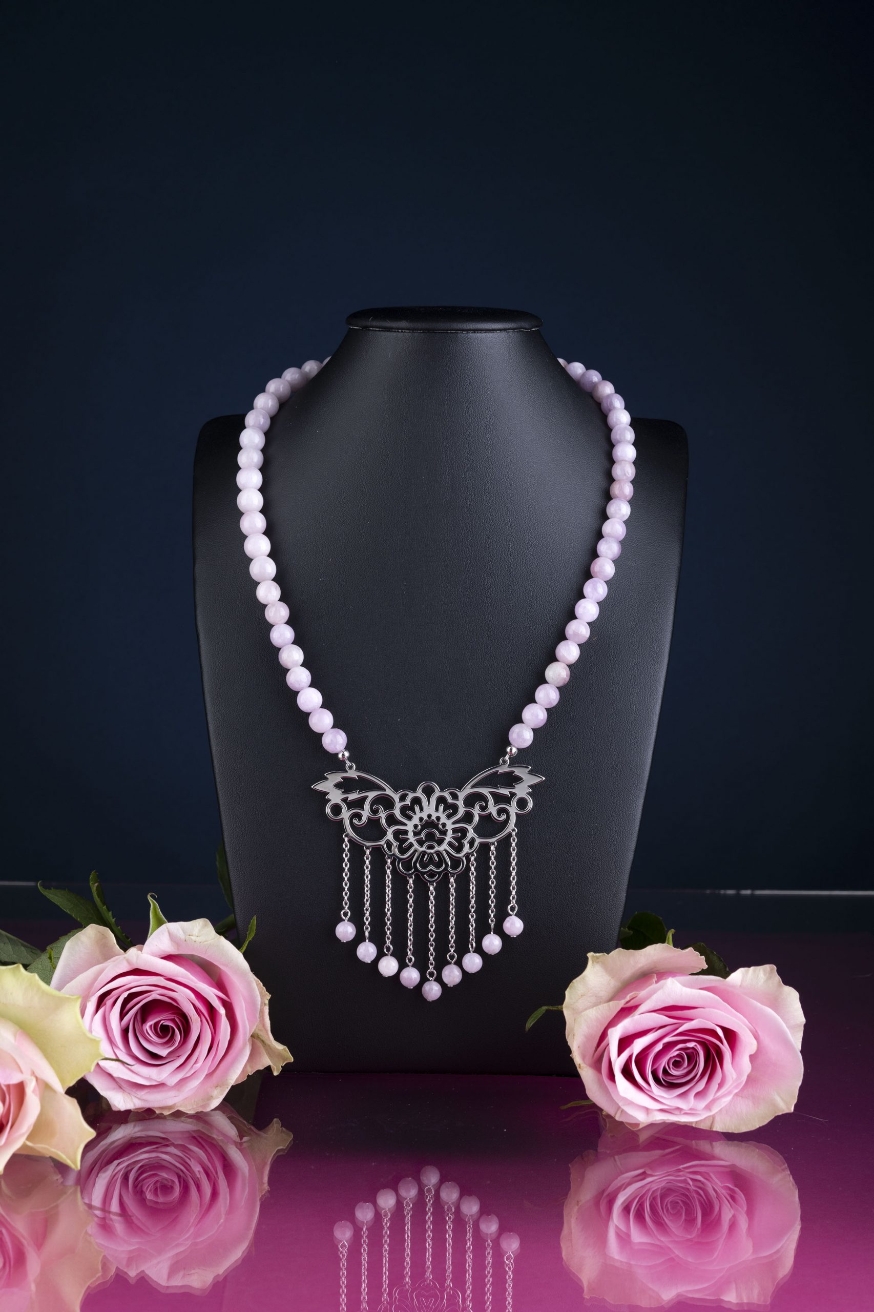 Náhrdelník modrotlač kvietok 3- oblúk + vodopád kunzit