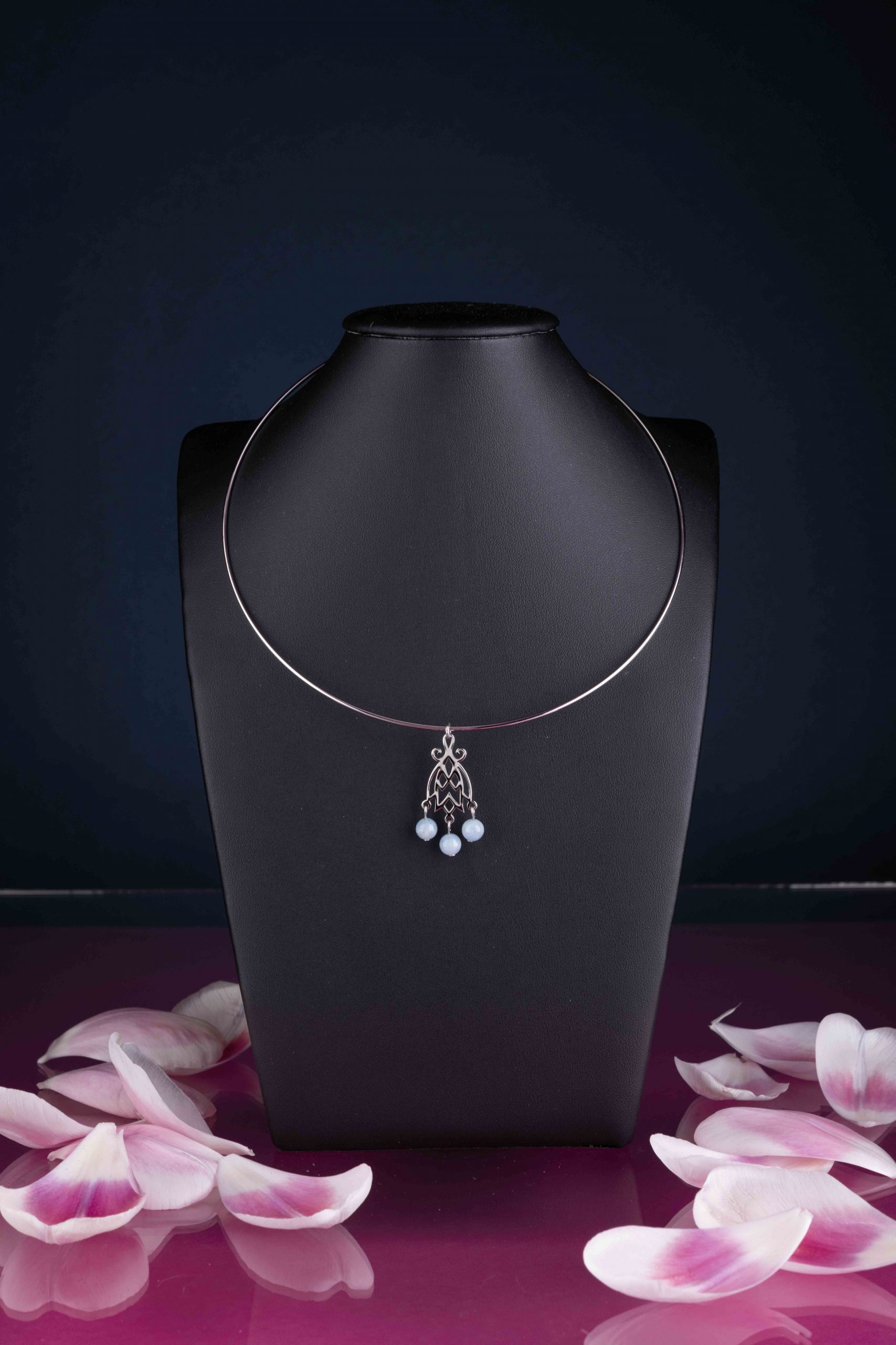 Obručový náhrdelník modrotlač zvonček + akvamarín