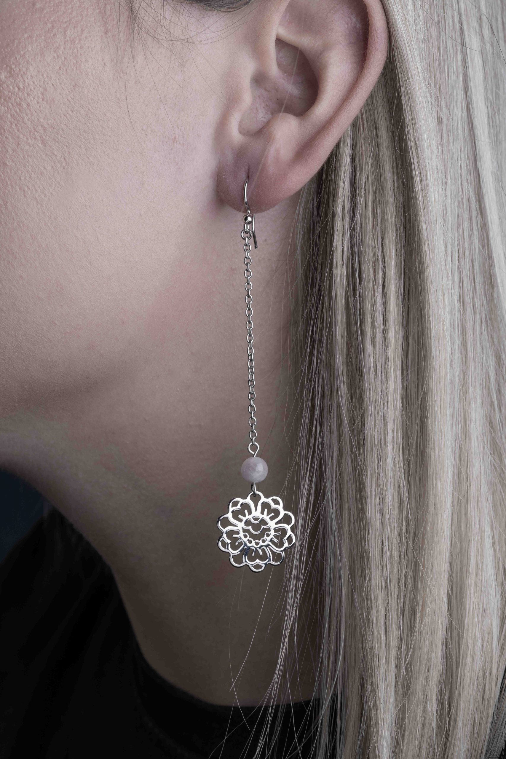 Náušnice kvietok modrotlač +háčik + kunzit dlhé