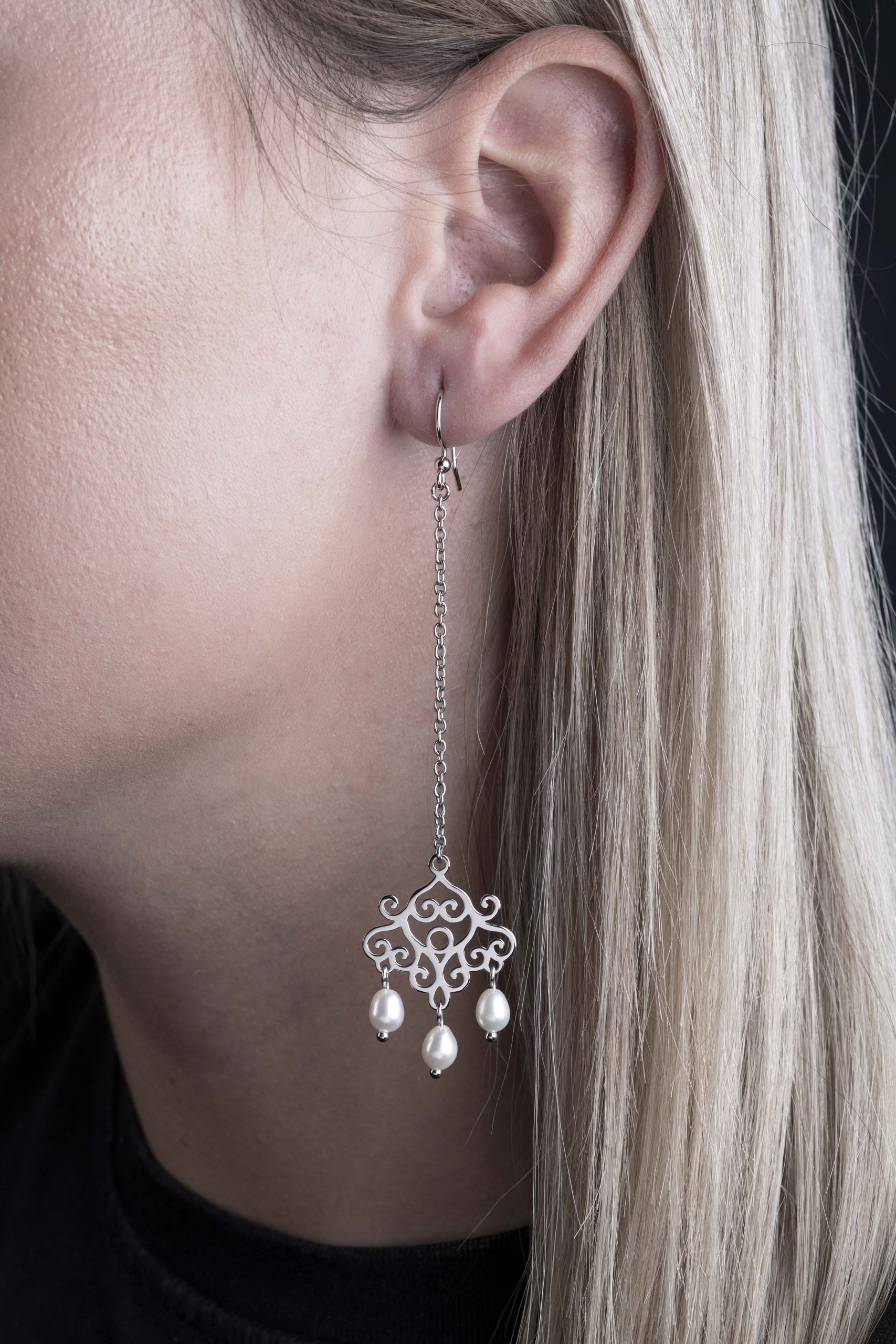 Náušnice Libay vejár ornament +perly slzy dlhé