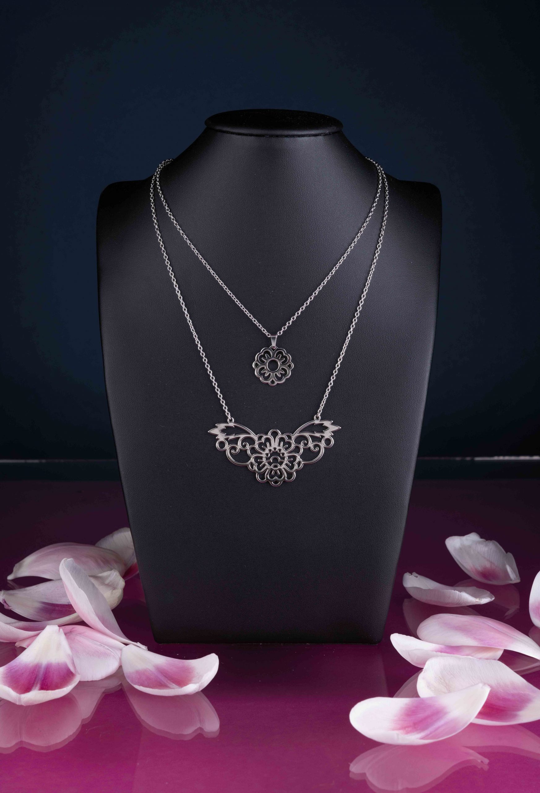 Dvojradový náhrdelník oblúk kvety + nezábudka - modrotlač