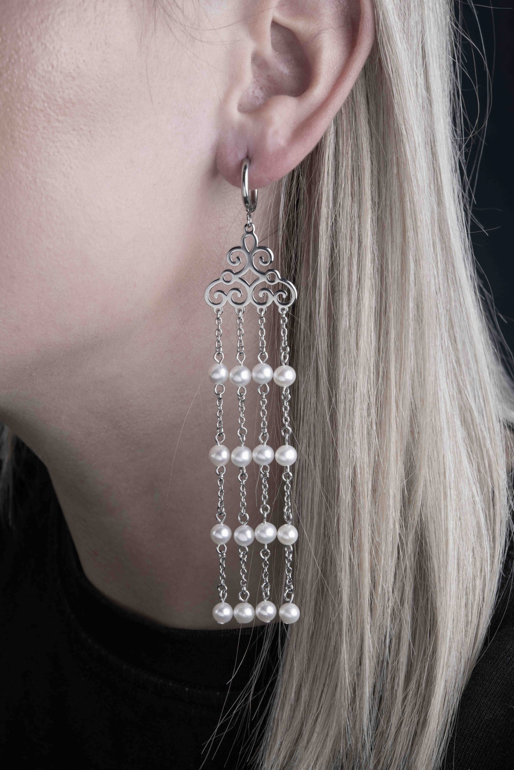Náušnice čipka ornament vodopád+ perly