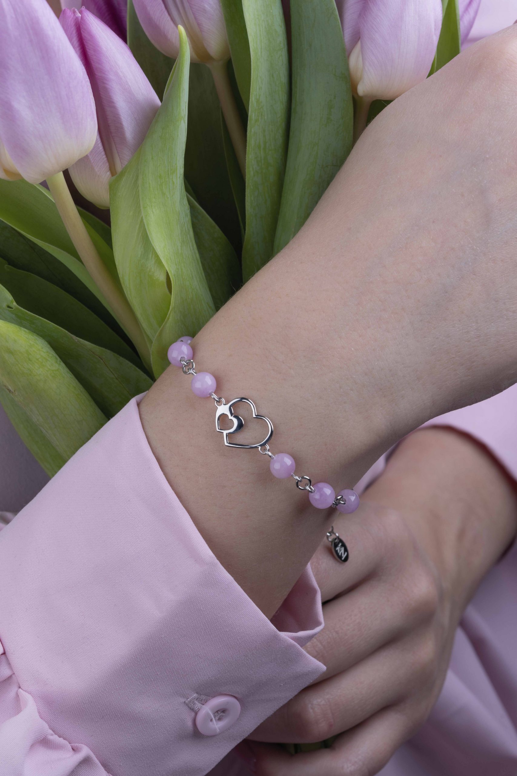 Náramok srdce ornamentika - retiazka kunzit