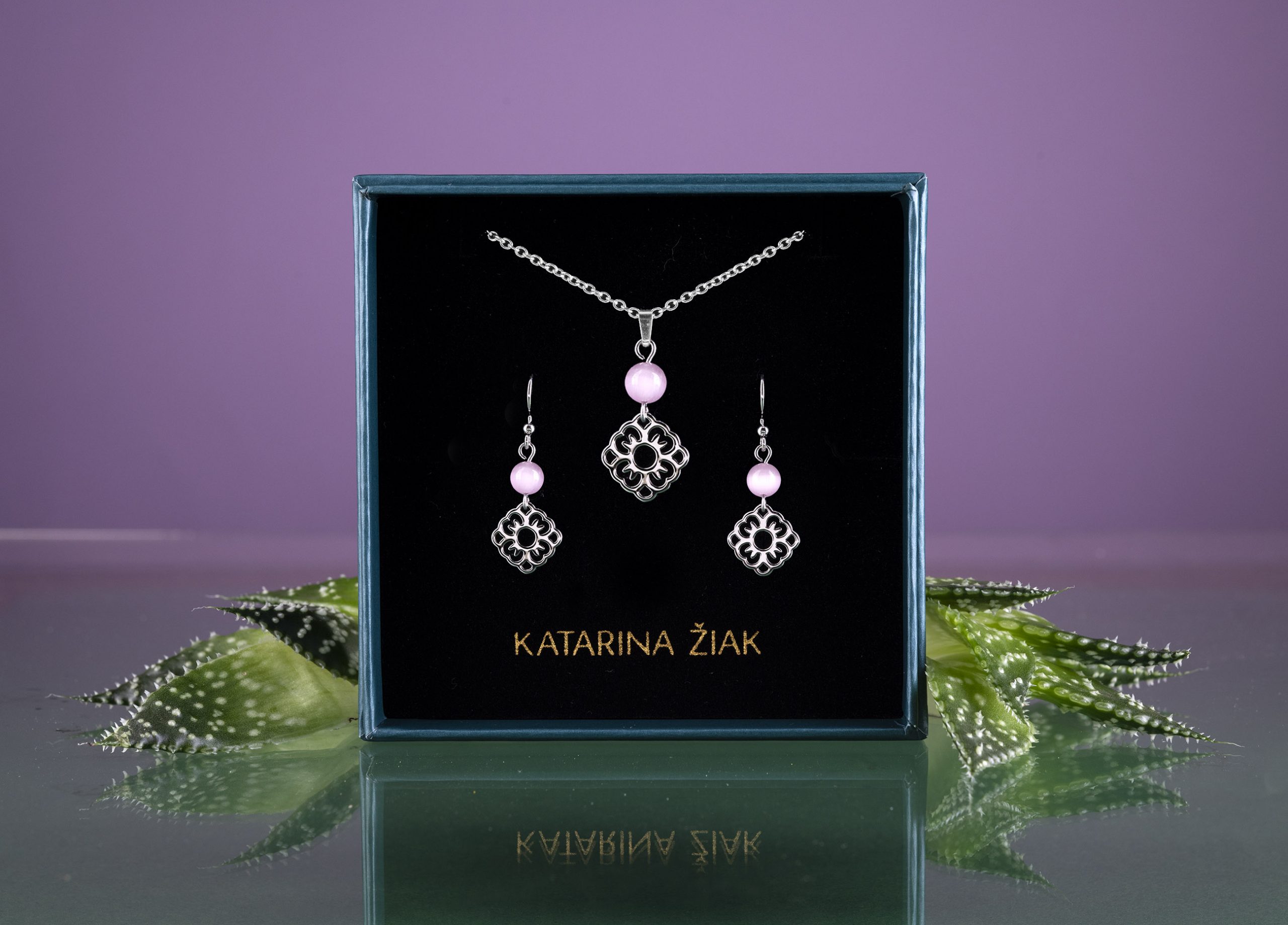 Set modrotlač nezábudka - prívesok + náušnice s mačacím okom