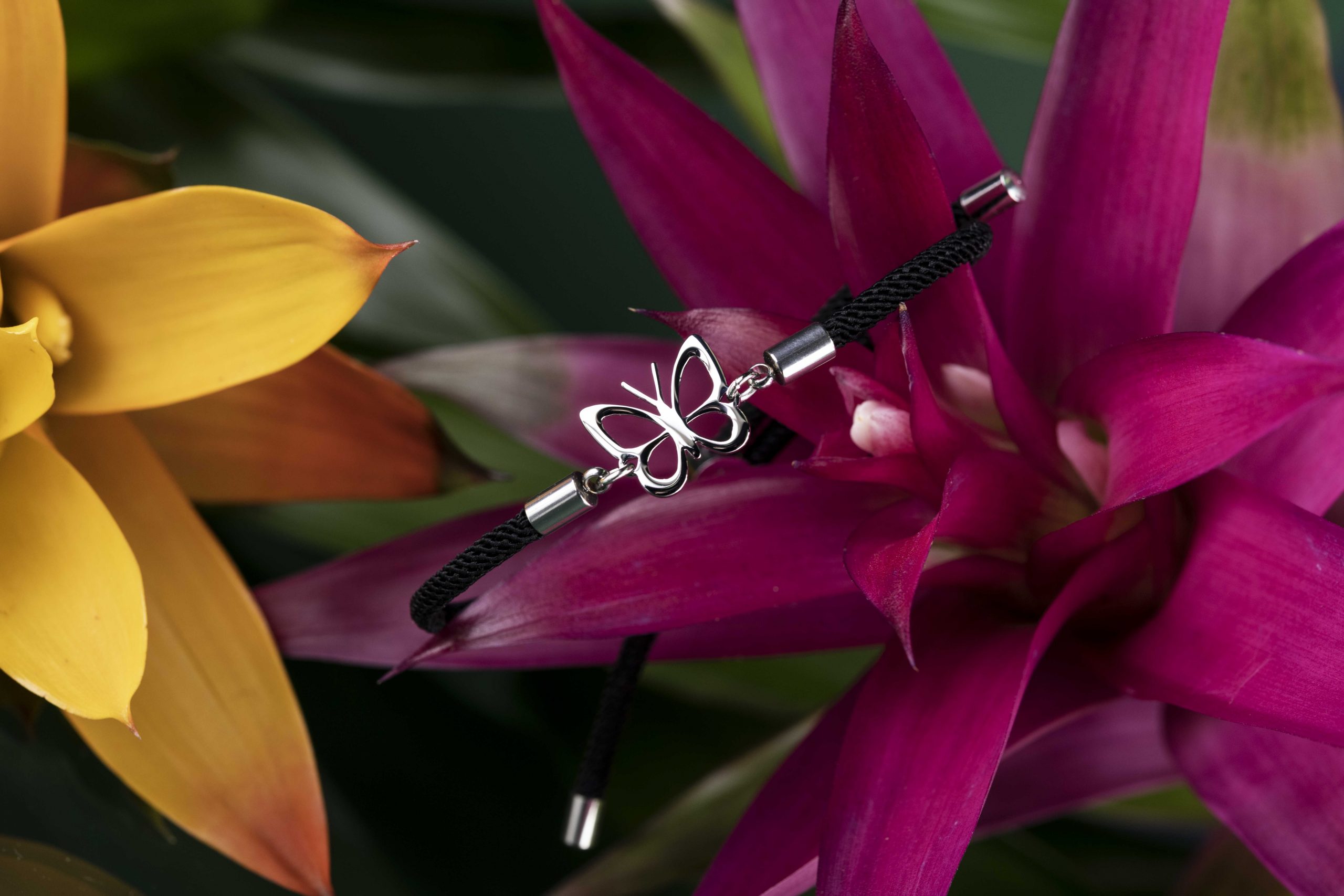 Náramok -  motýľ modráčik 1– šnúrka červená / čierna