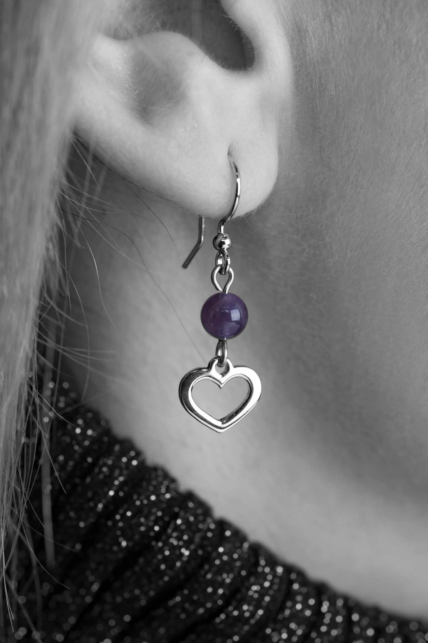 Náušnice srdiečko Závadka 1 +ametyst - háčik
