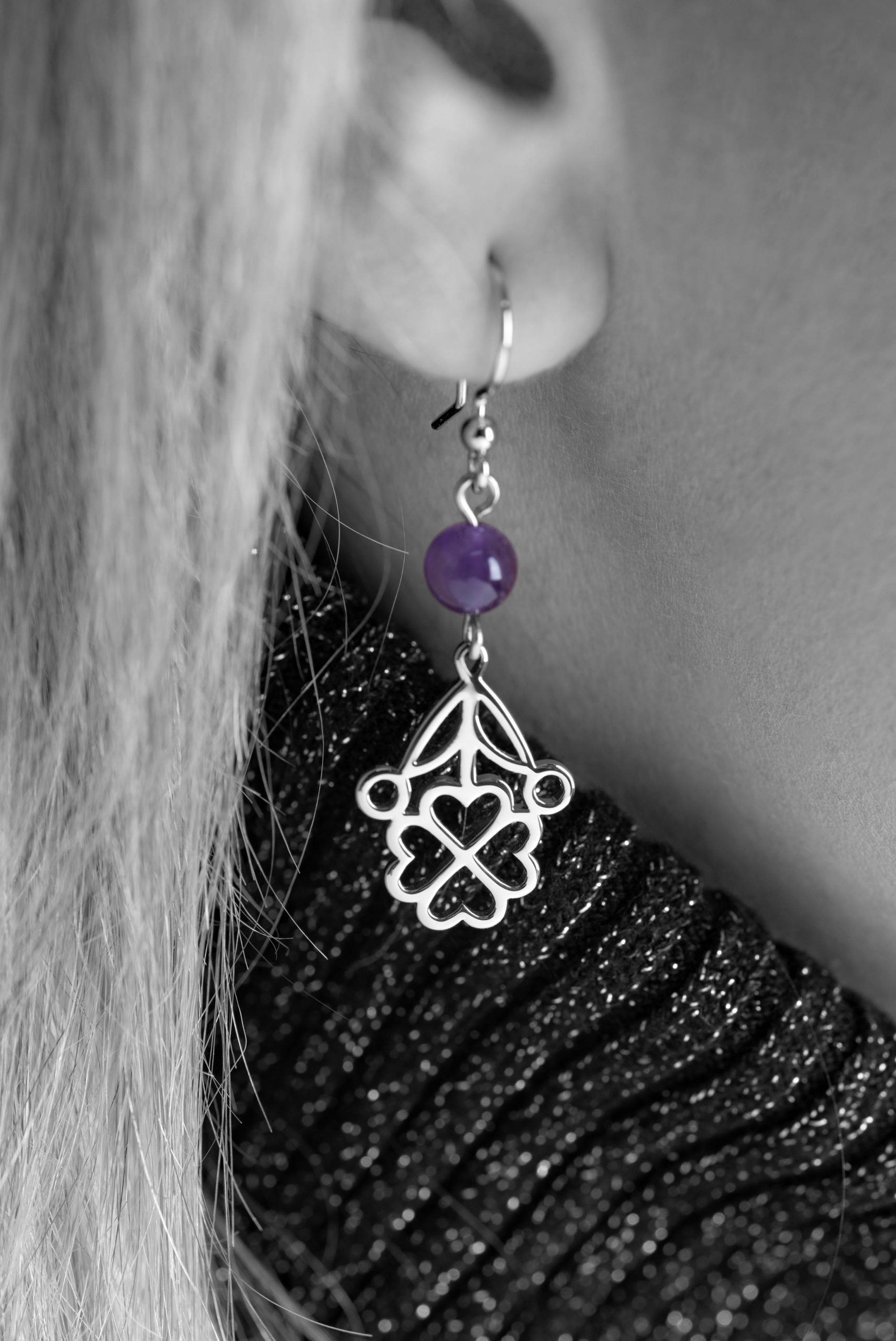 Náušnice štvorlístok s lístkom Závadka +ametyst - háčik