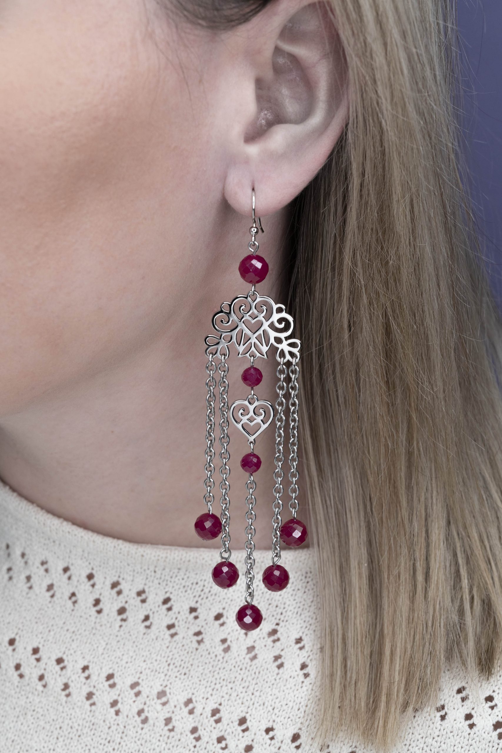 Náušnice srdiečko Polomka ornament 3 + rubínový korund