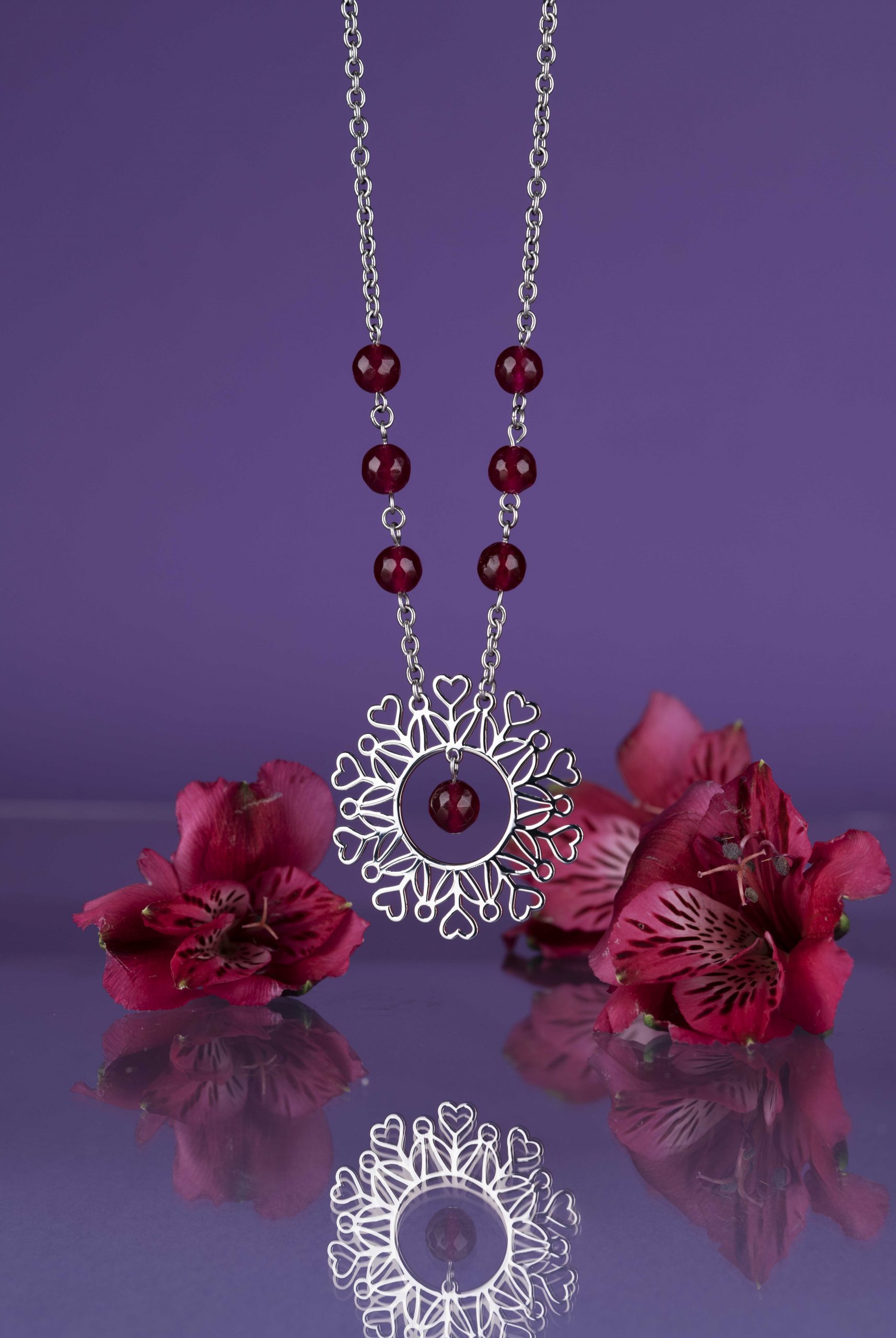 Náhrdelník Polomka srdcia ornament kruh + rubínový achát