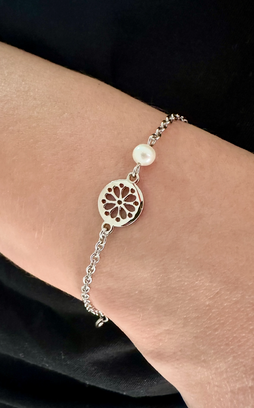 Náramok čipka margarétka MINI – retiazka + perla