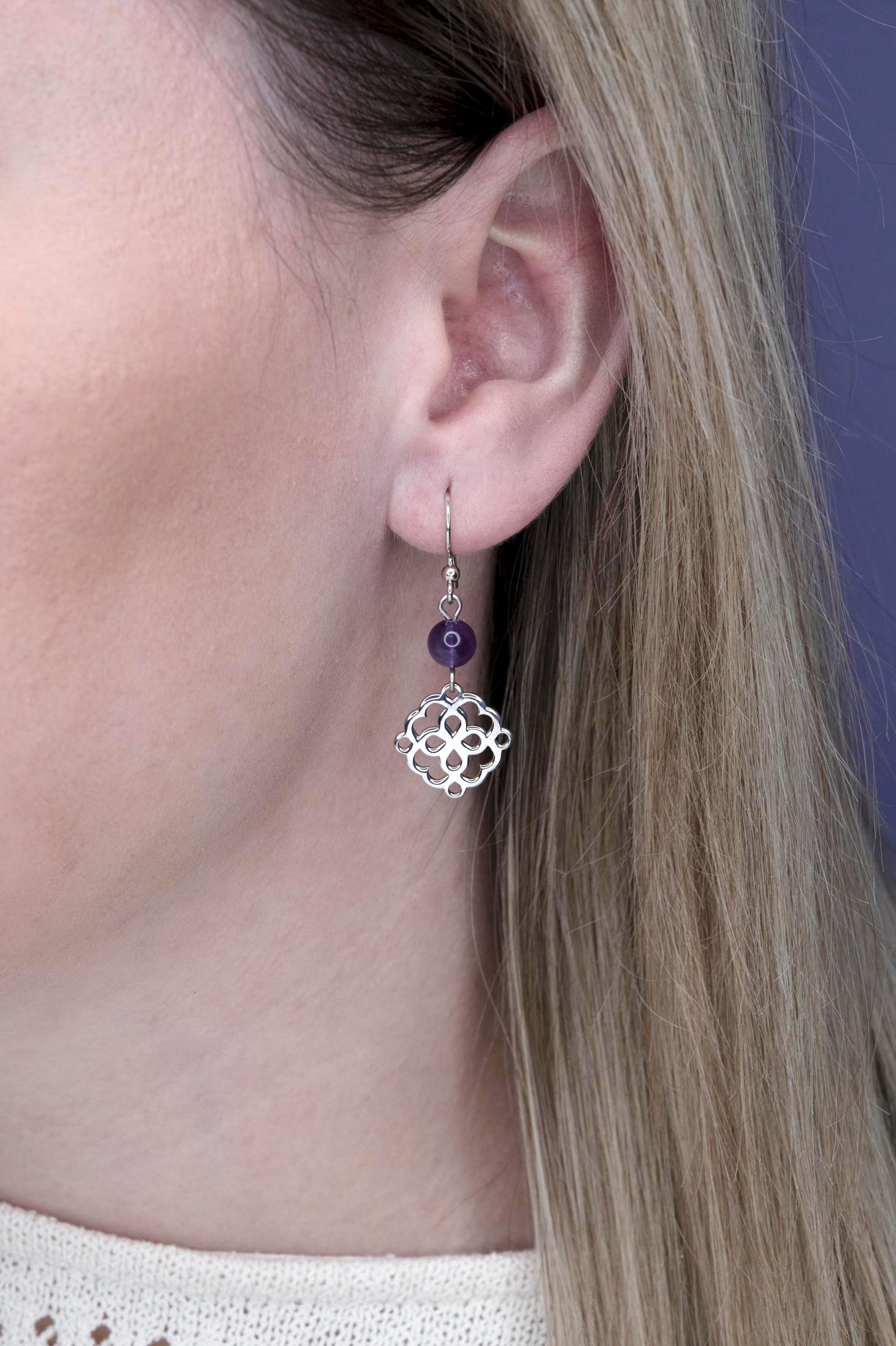 Náušnice ornament MINI Závadka +ametyst - háčik