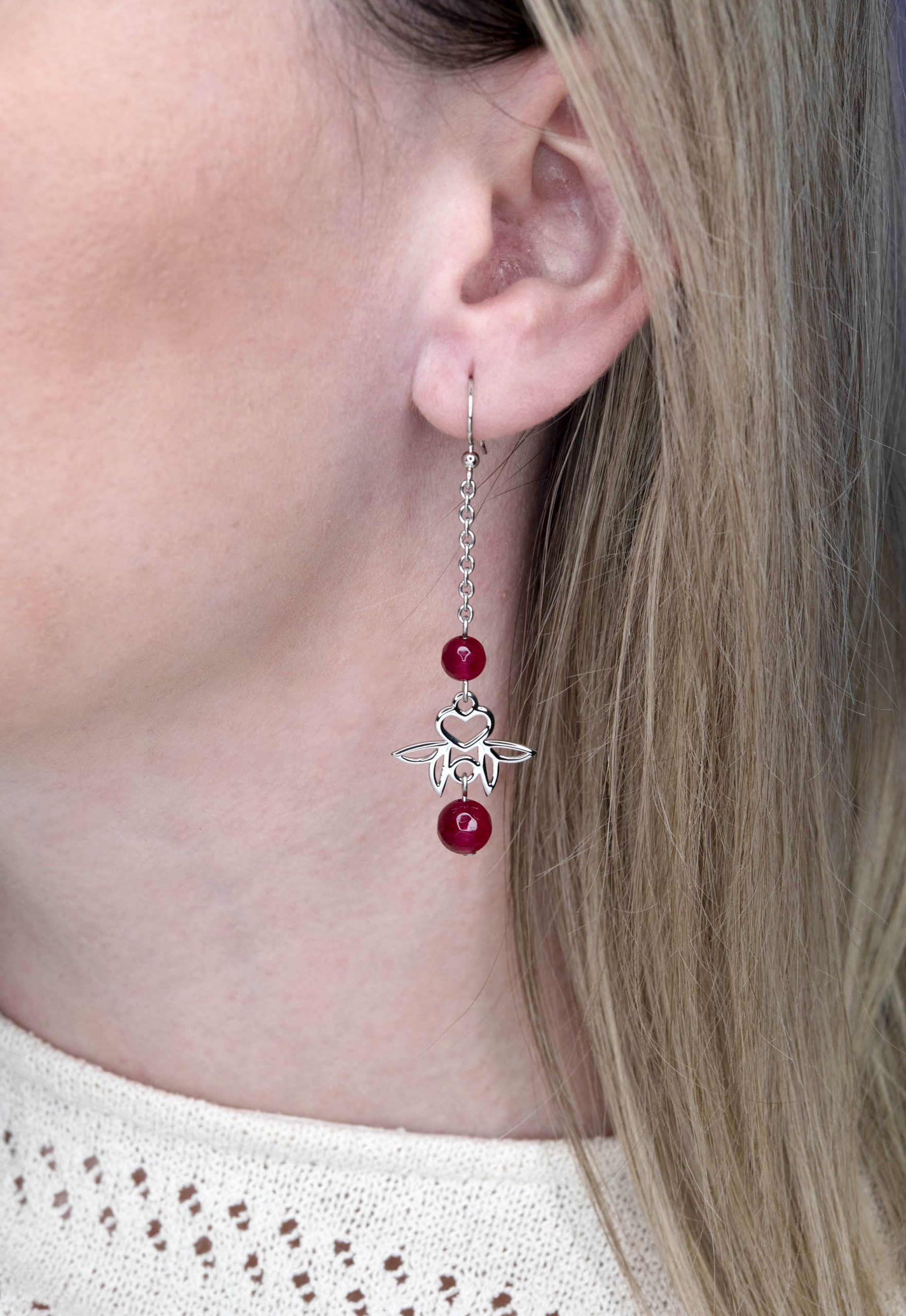 Náušnice srdiečko Polomka ornament 1 + rubínový achát - háčik