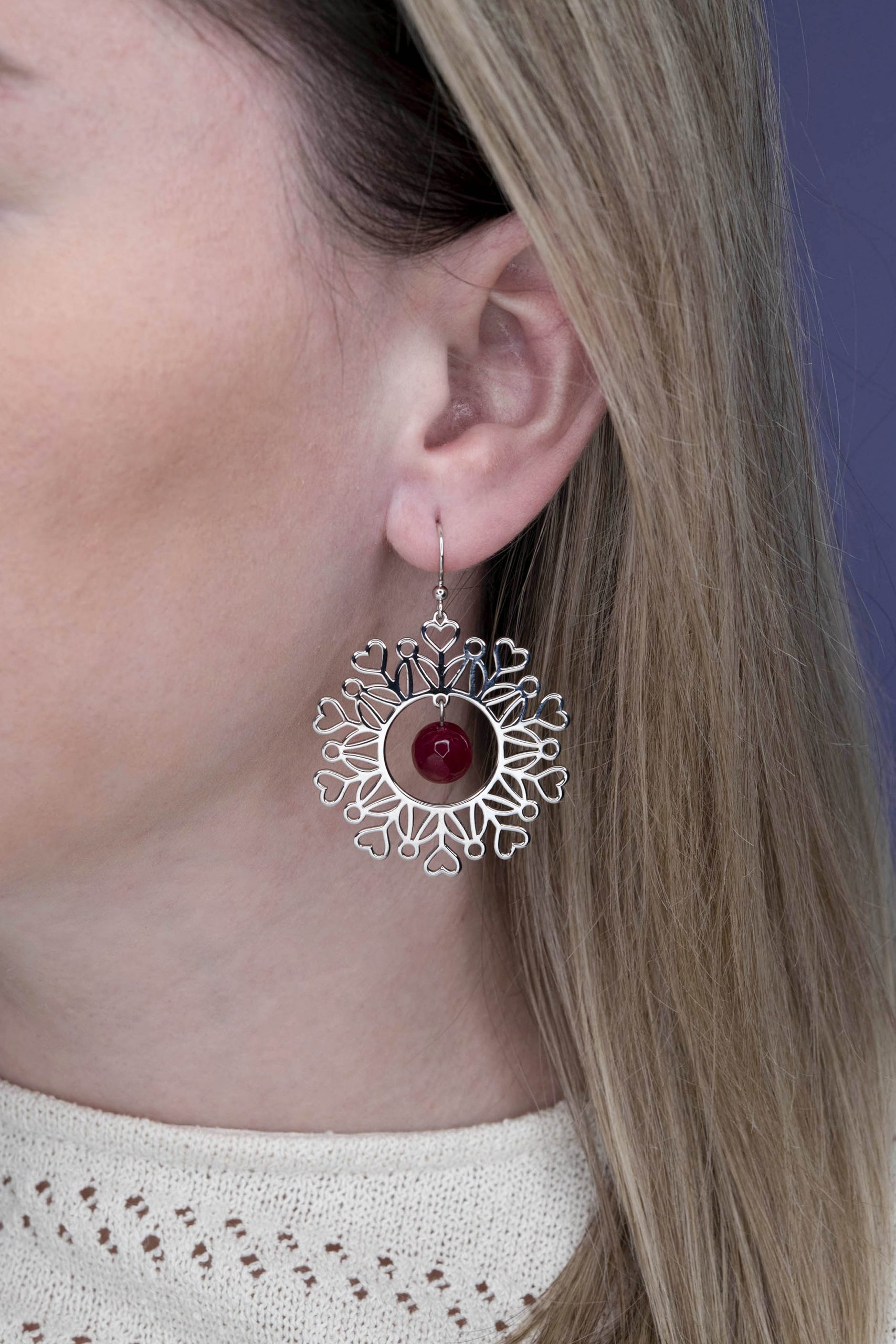 Náušnice Polomka srdcia ornament kruh + rubínový achát