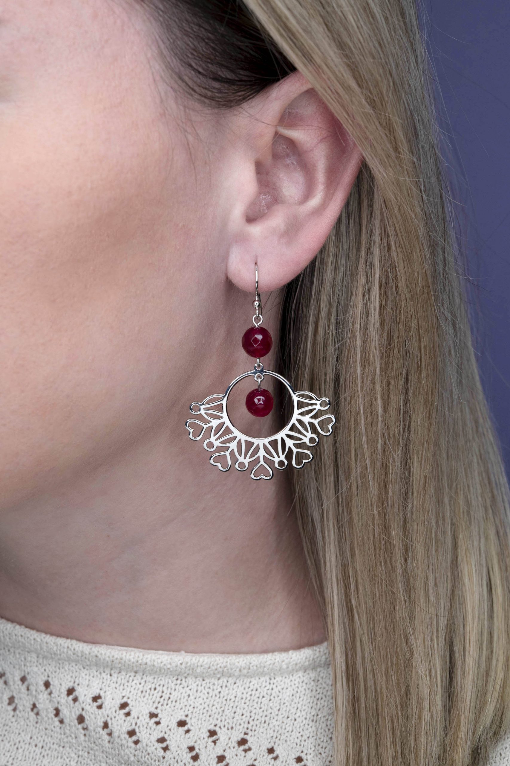 Náušnice Polomka srdcia ornament polkruh + rubínový achát