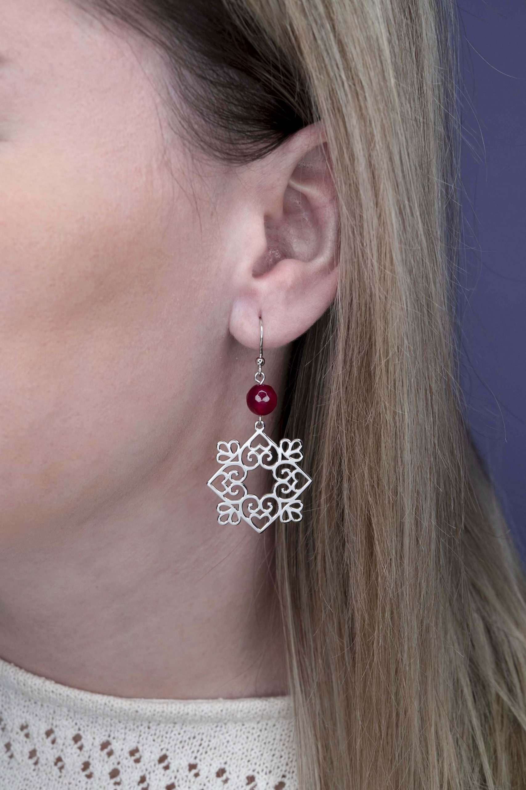Náušnice Polomka štvorec ornament 1 + rubínový achát