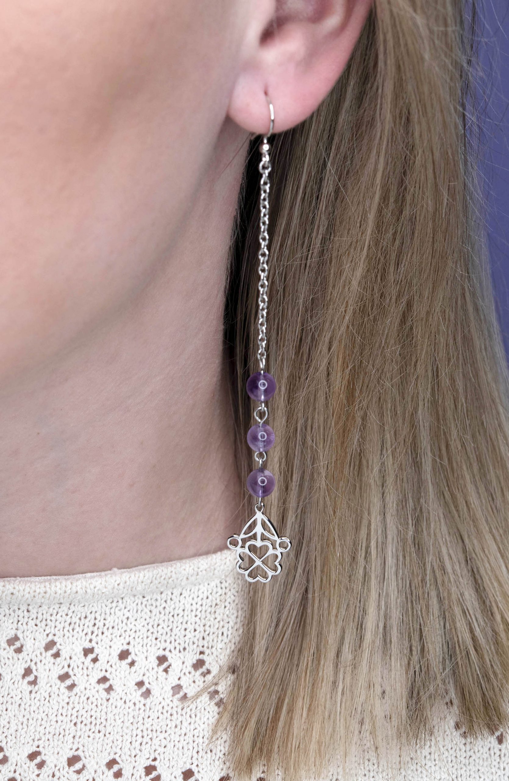 Náušnice štvorlístok s lístkom Závadka +ametyst na retiazke