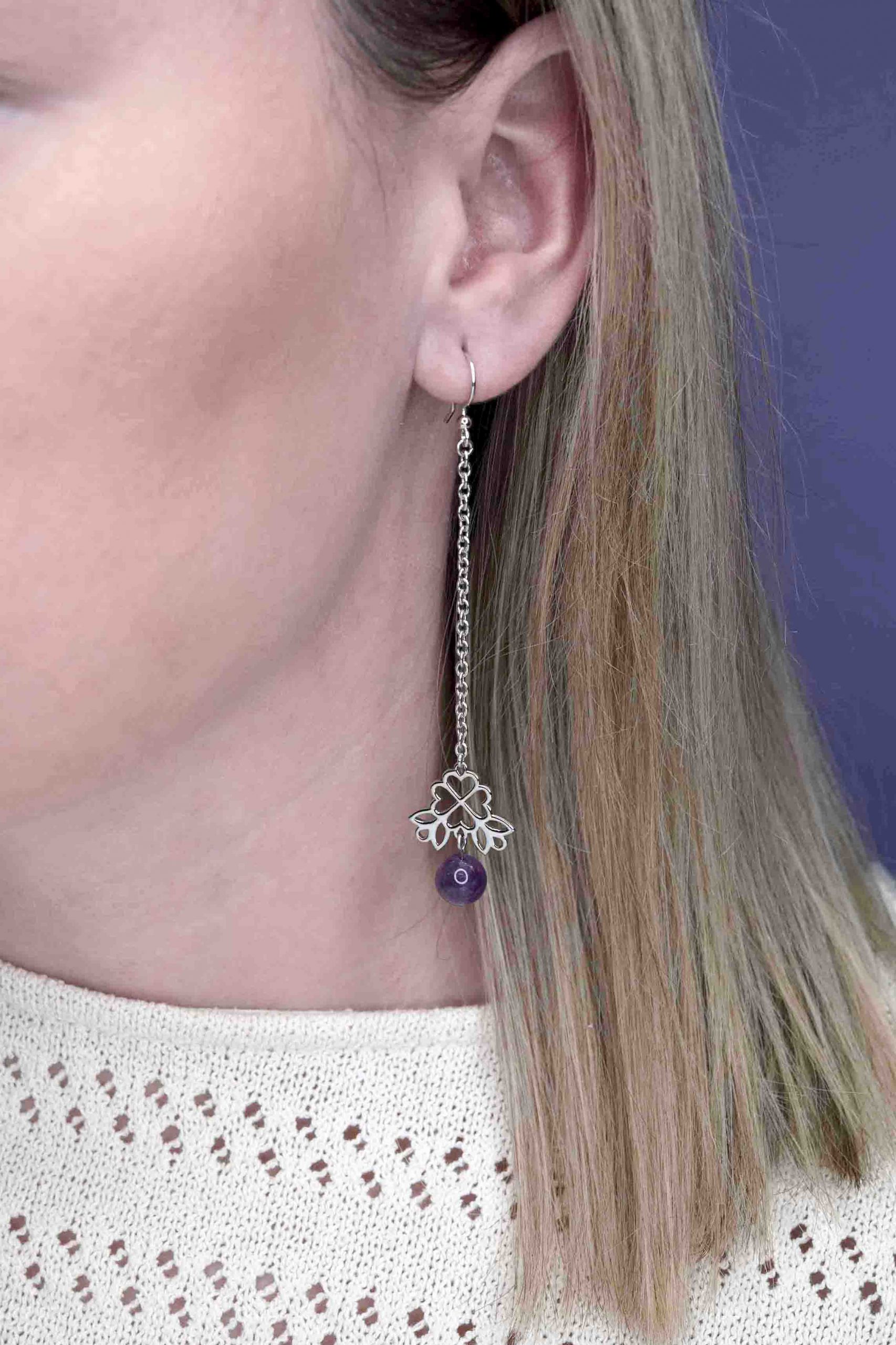 Náušnice štvorlístok Závadka +ametyst na retiazke 2