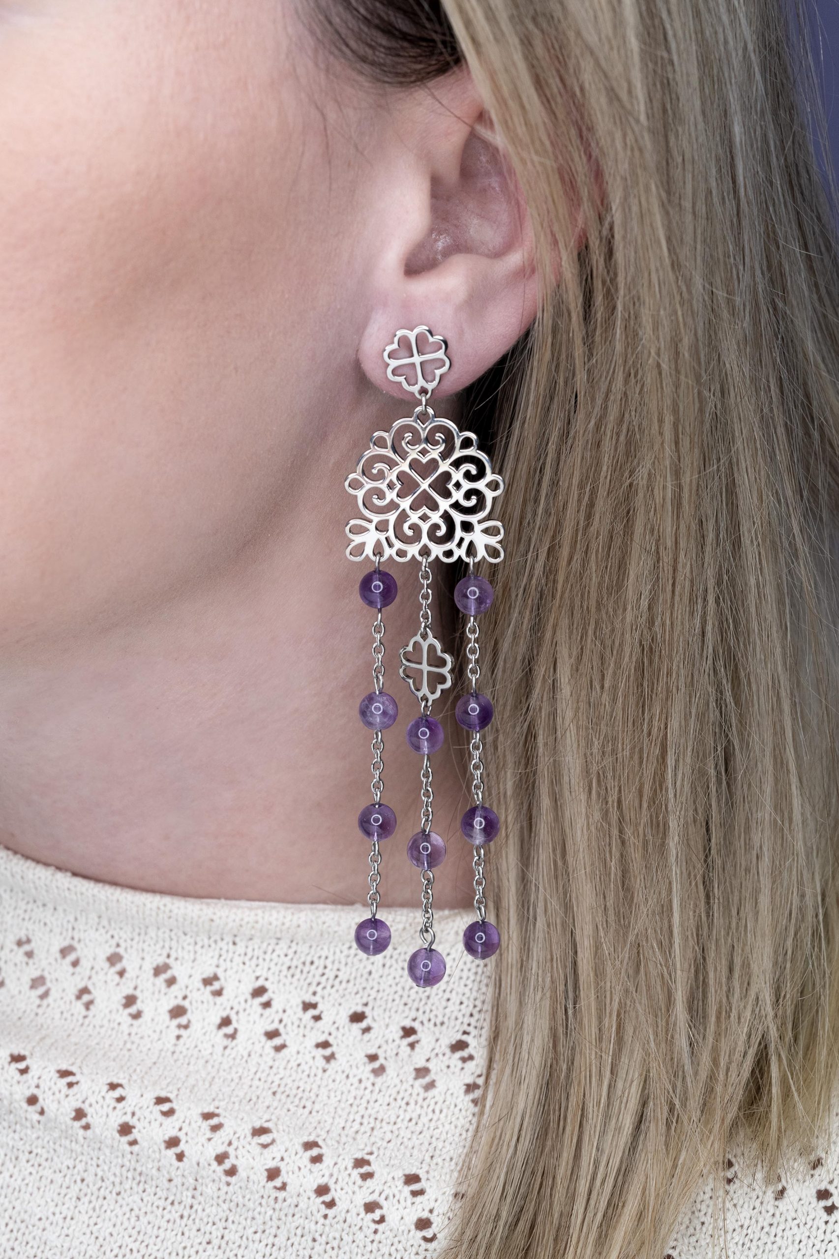 Náušnice ornament štvorlístok Závadka 2 +ametyst