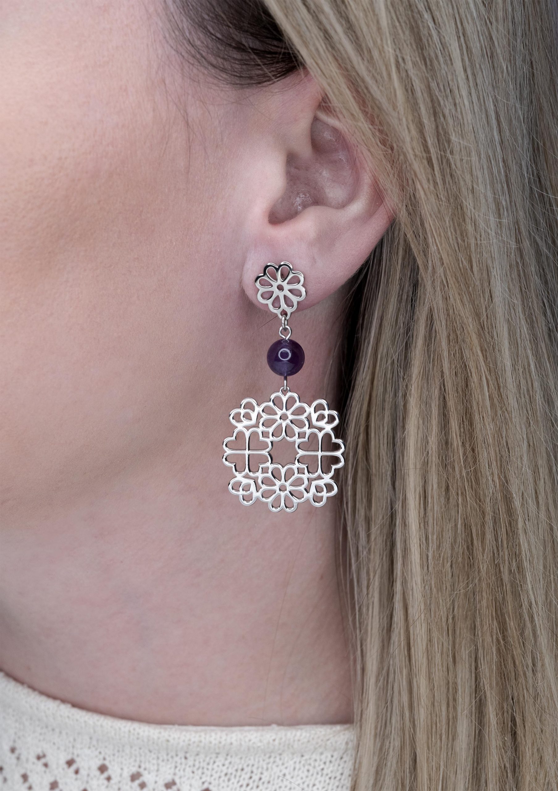 Náušnice ornament kvietky Závadka 1 +ametyst