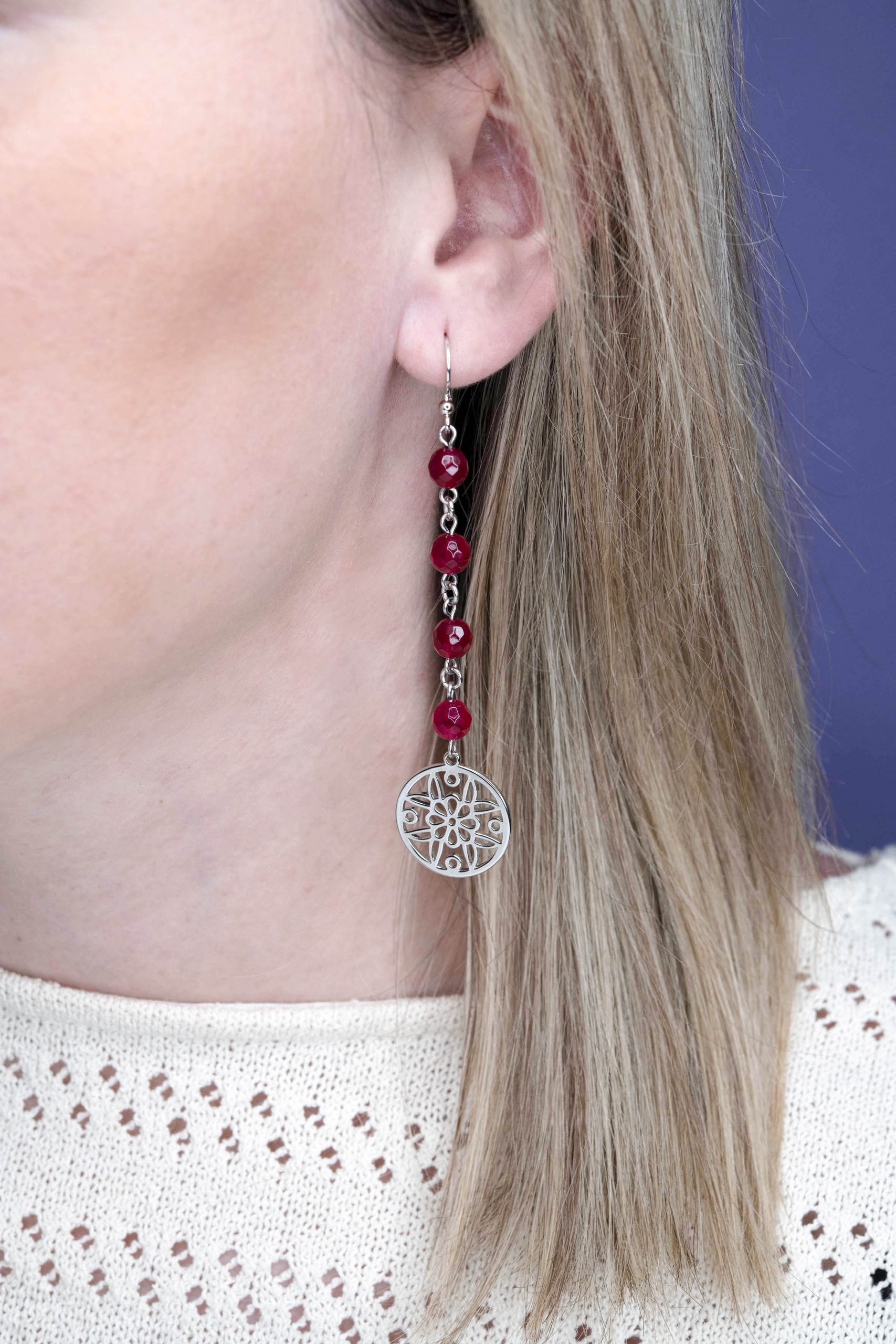 Náušnice ornament Polomka kruh +rubínový achát na retiazke