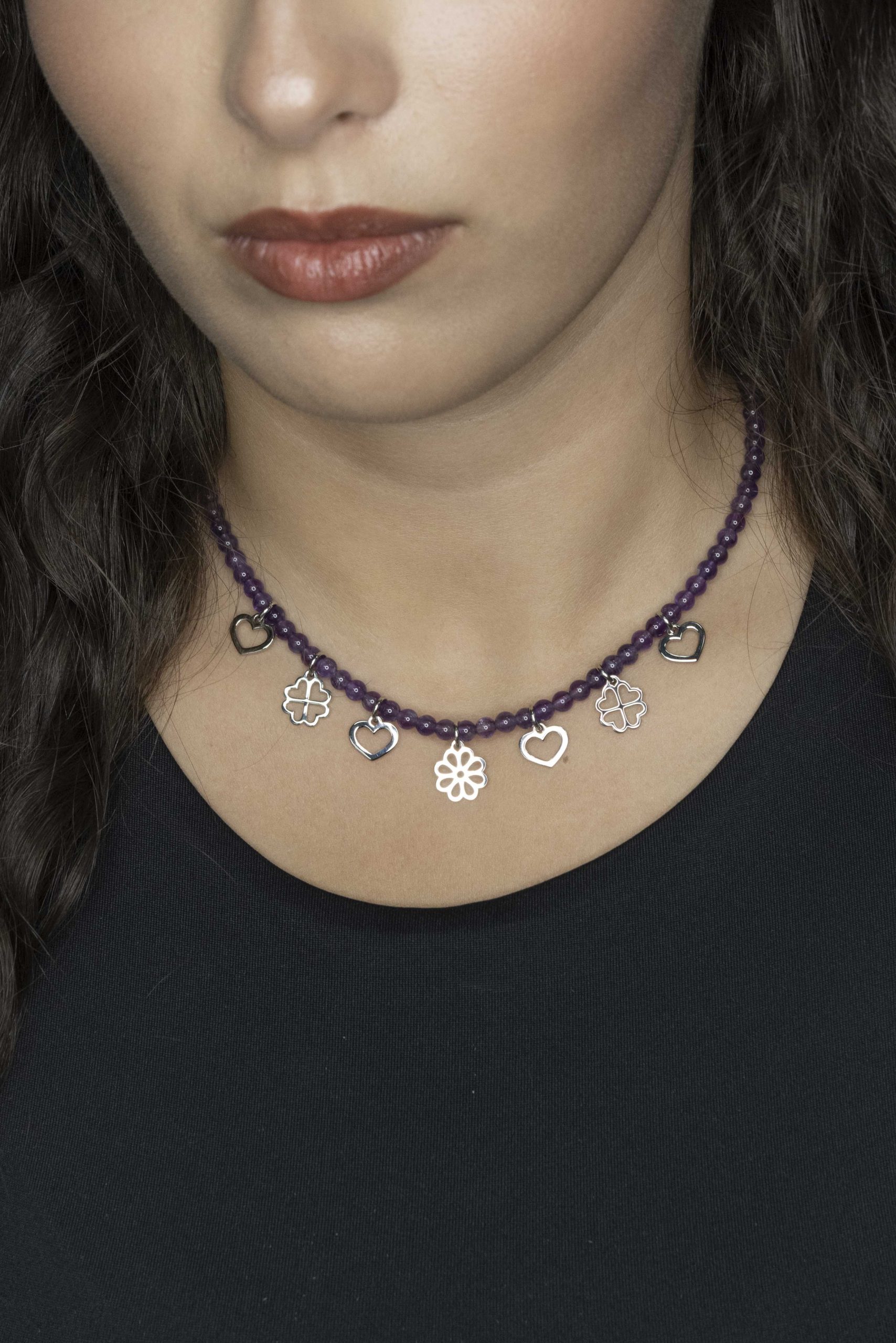 Náhrdelník - srdiečka &amp; kvietky Závadka + fialový ametyst