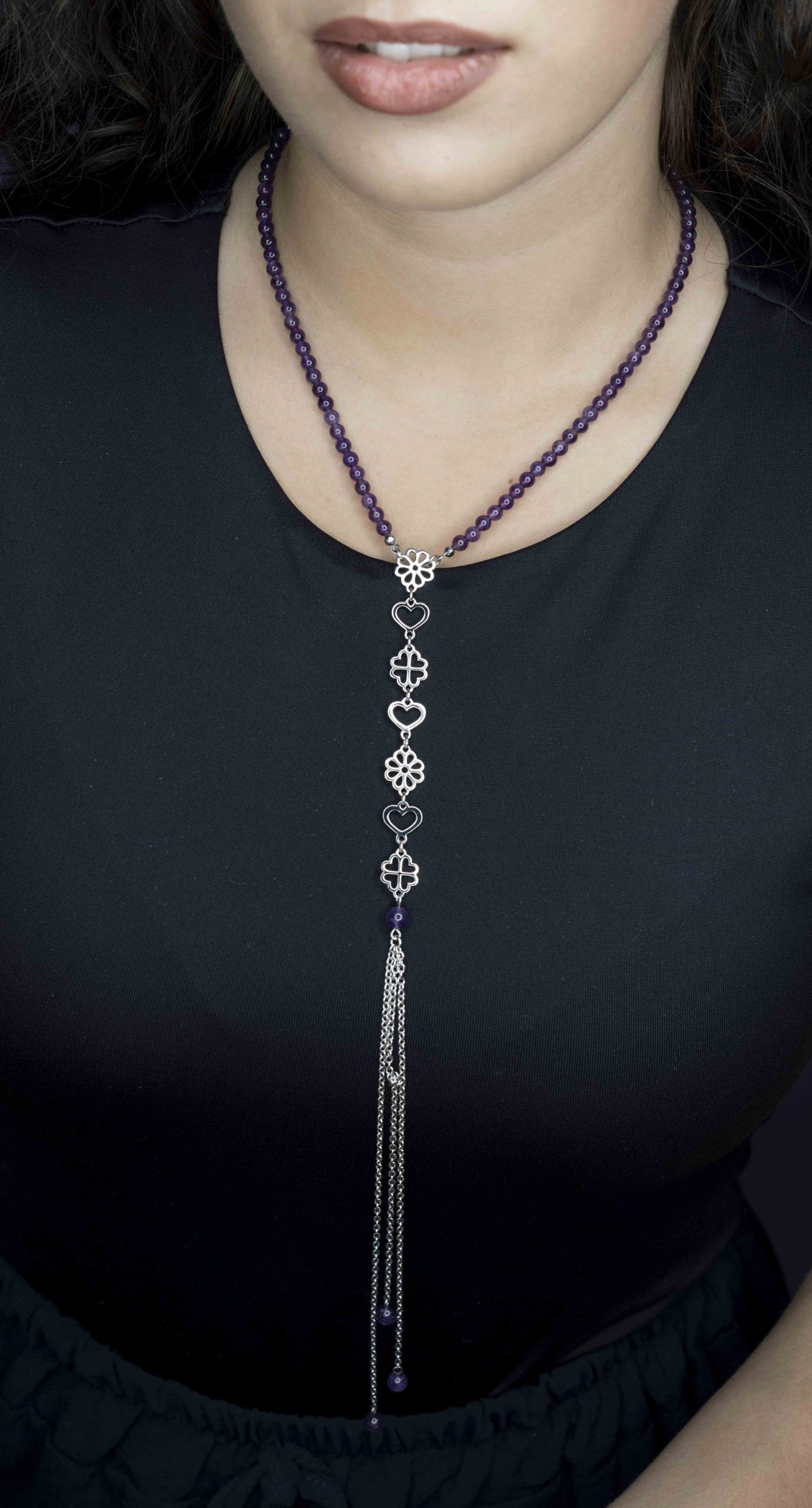 Náhrdelník - srdiečka &amp; kvietky Závadka 2 + fialový ametyst