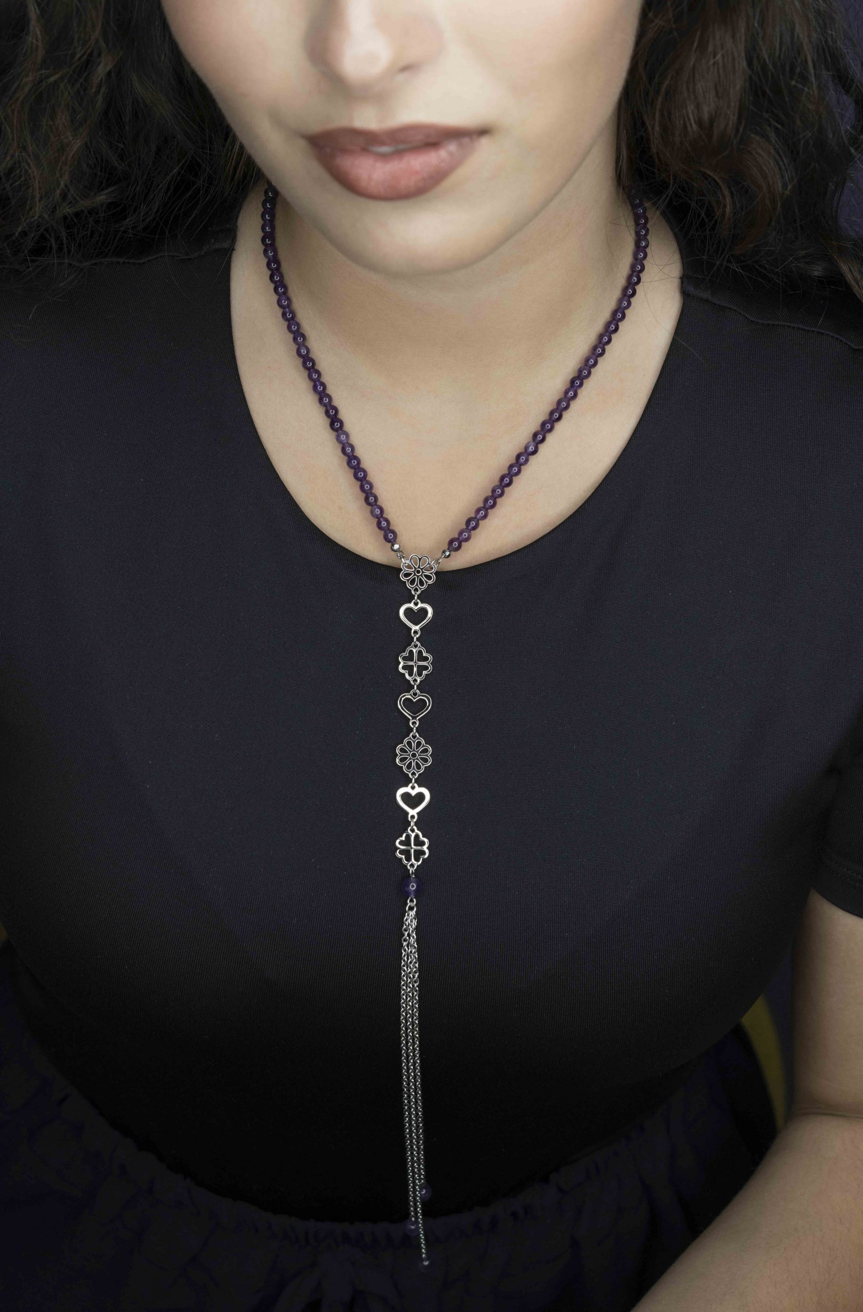 Náhrdelník - srdiečka &amp; kvietky Závadka 2 + fialový ametyst