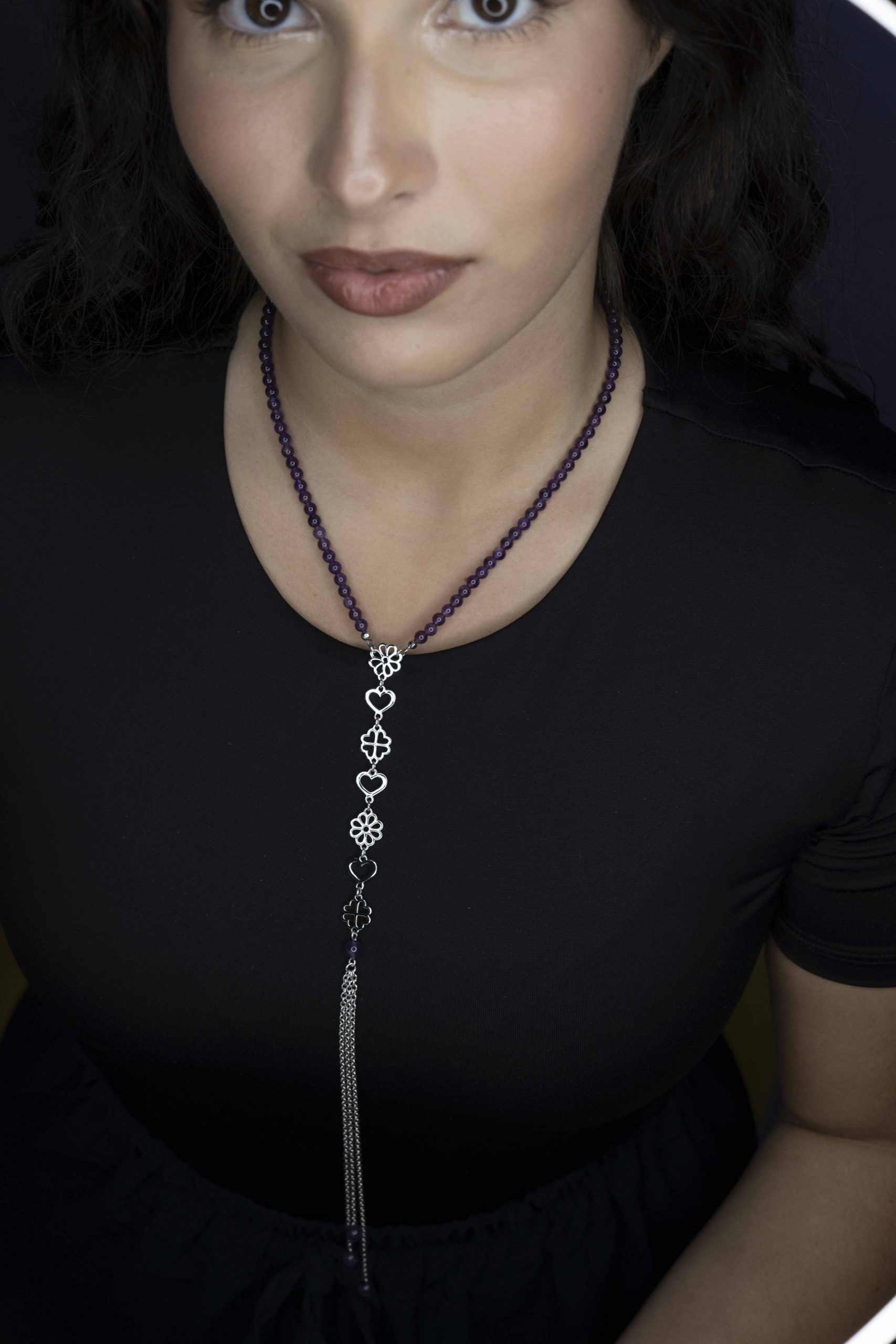 Náhrdelník - srdiečka &amp; kvietky Závadka 2 + fialový ametyst