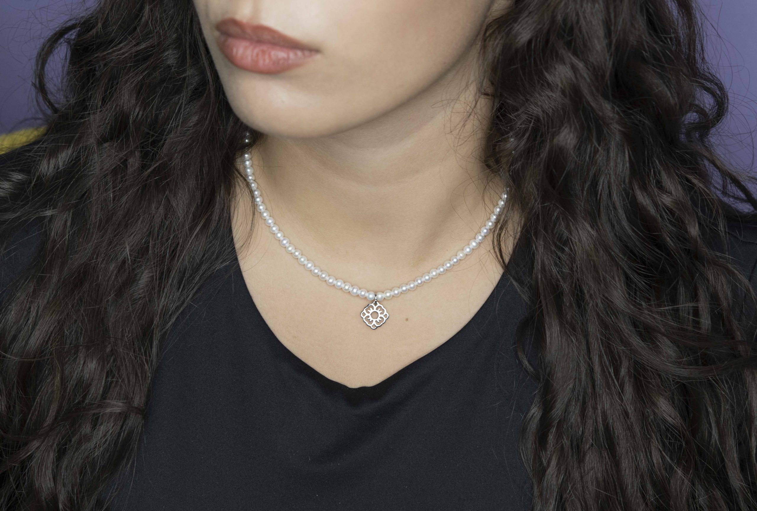 Náhrdelník - Modrotlač nezábudka +biele sladkovodné perly