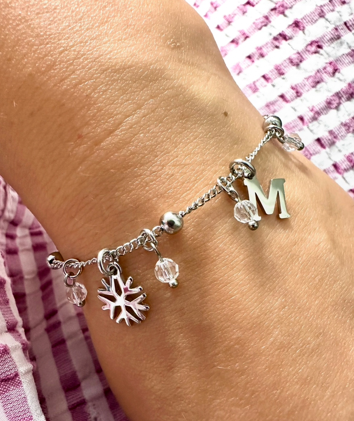 Náramok Abeceda – retiazka + krištáľ - snehová vločka